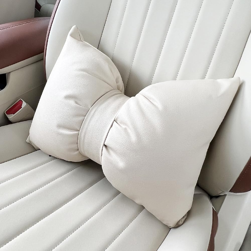 Leather Car Neck Pillow Bowknot Car Bow Pillows Cute Car Headrest Pillow Cushion Interior Bow Tie Pillow Waist Cushion (Beige, Waist Cushion: 36×27cm/14.17"×10.63")