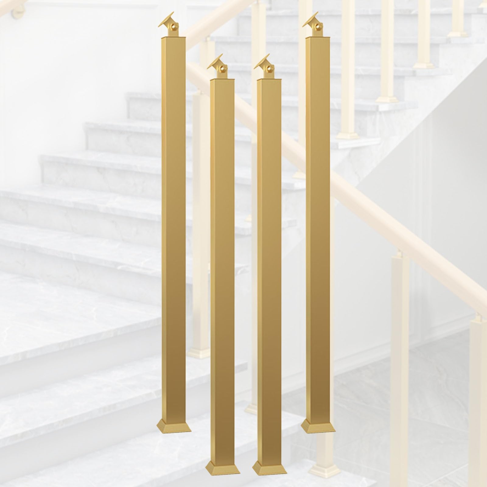 Stair Balusters Iron Gold for Interior Stairs, 270° Adjustable Step Banister/Square Staircase Spindles Posts for Stairway Deck Yard Entryway, with Floor Base Kit(4pc,57.1"/145cm)