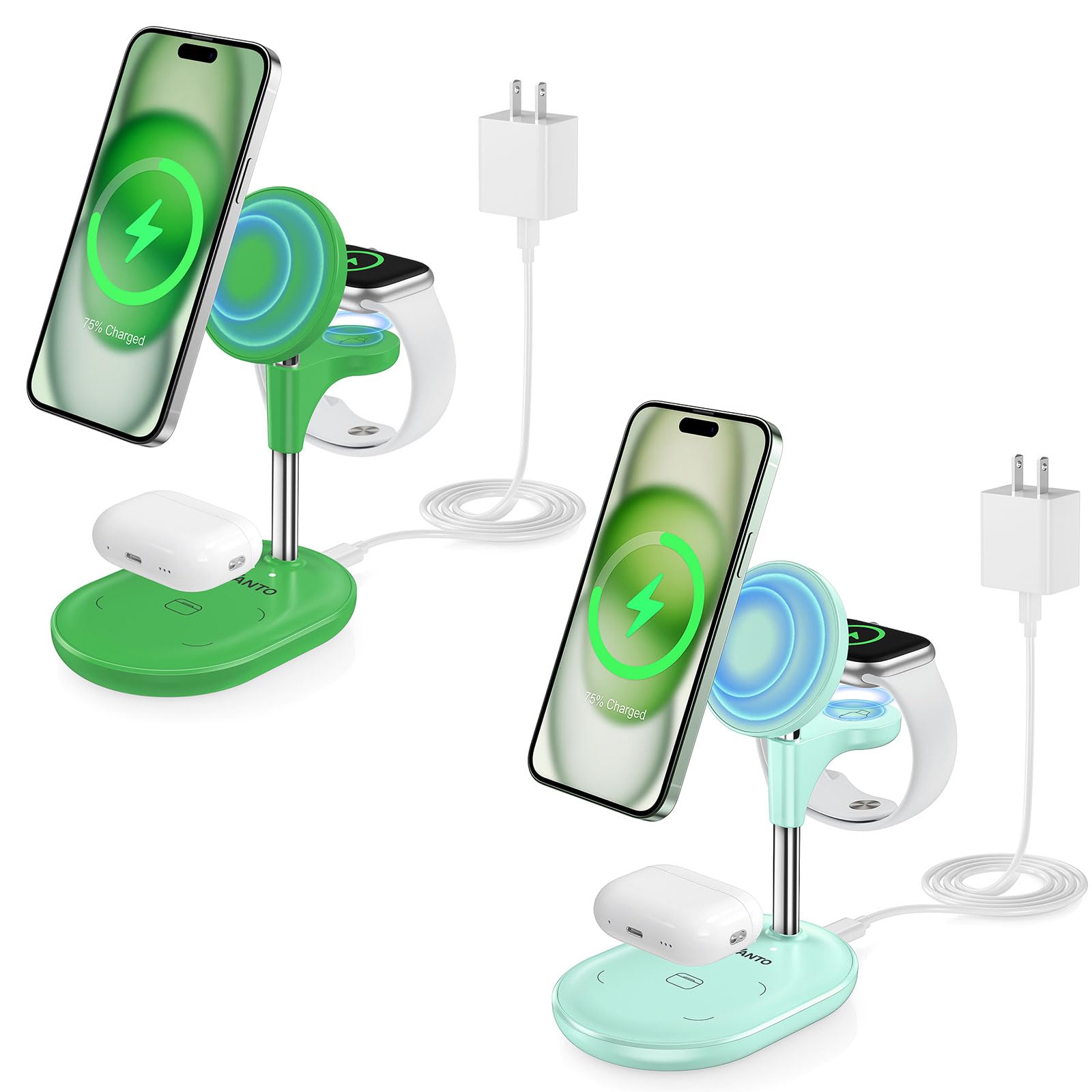Hevanto 3 in 1 Mag-Safe Charger Stand for iPhone 15 14 13 12, AirPods and Apple Watch - 2 Pack (Mint Green and Green)