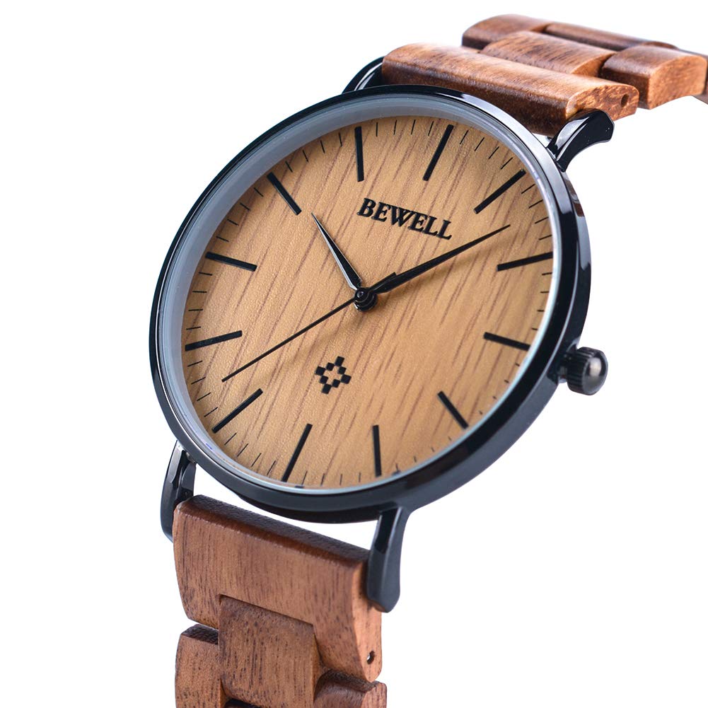 BEWELL, orologio da polso in legno per uomo/donna, sottile, analogico, al quarzo, minimalista, W163A Men-Brown