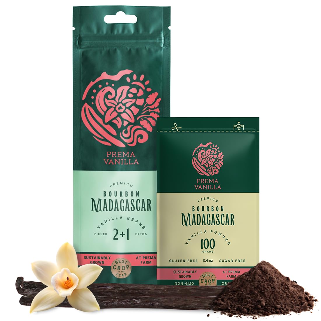 PREMA VANILLA Madagascar Vanilla Beans Pack of 3pcs & Vanilla Powder Bourbon Premium 3.5Oz