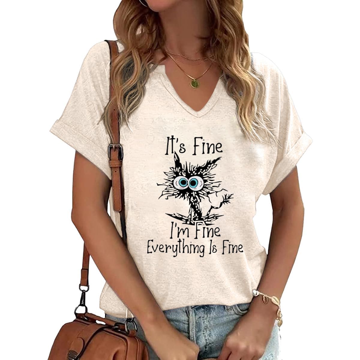 PUCKOLITY Funny Saying Graphic V Neck Shirts for Women Sarcastic Humor Shirt Casual Short Sleeve Novelty Tee Tops