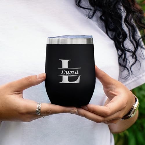 Gifts Inscribed Personalized Wine Tumbler with Lid – Custom Engraved Stainless Steel Insulated Mug for Hot & Cold Drinks – Customized Bridesmaid, Wedding, or Birthday Gift (Custom Designs, Black)