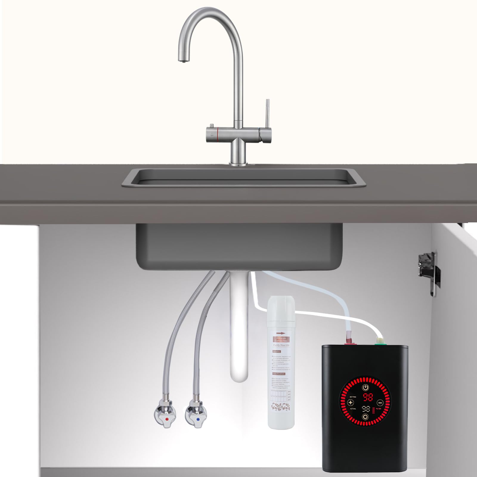 Robinet d'eau bouillante instantané complet avec réservoir et filtre 3 en 1 Robinet mélangeur d'eau bouillante de cuisine Distributeur d'eau chaude en acier inoxydable brossé