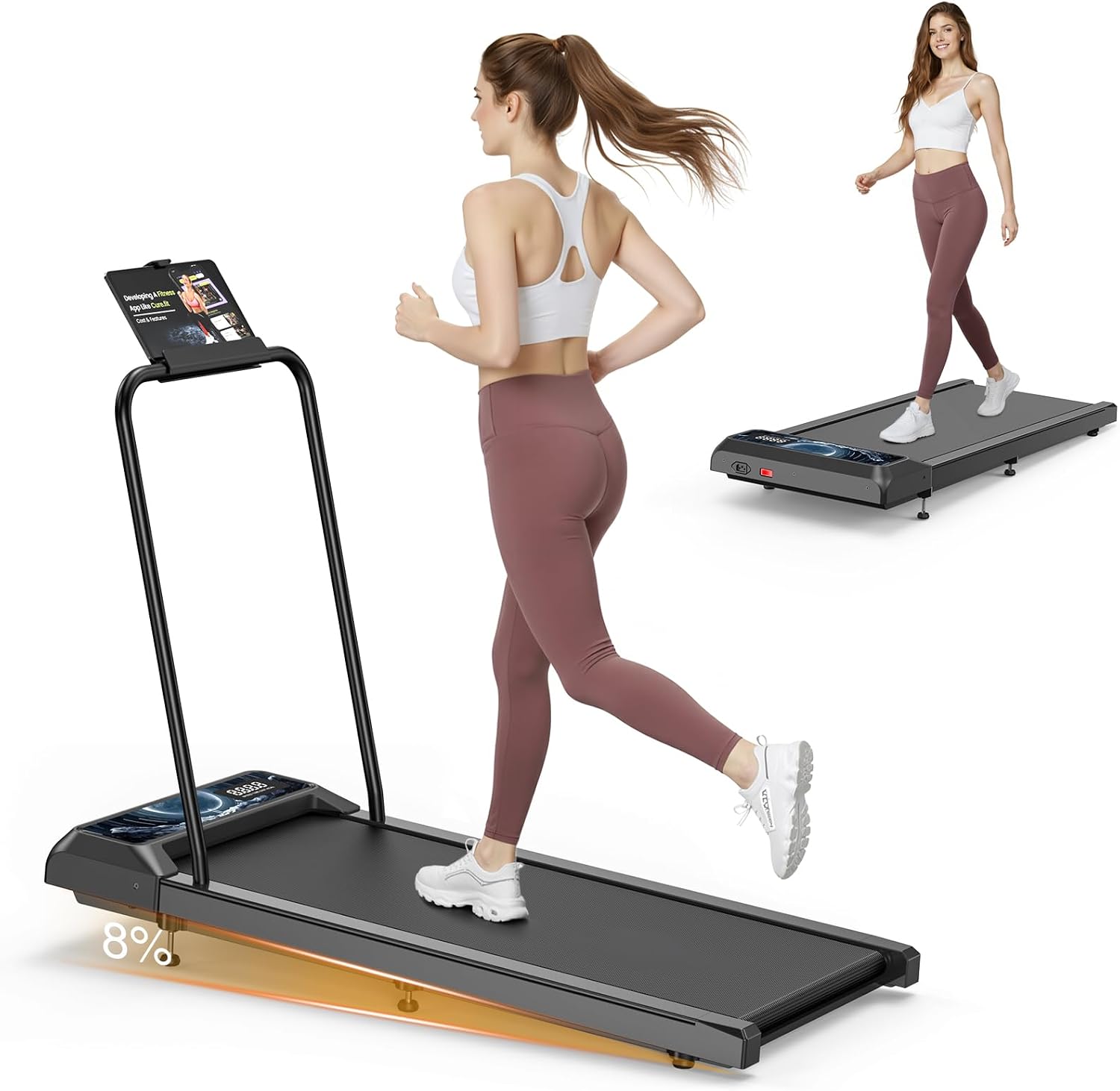 Walking Treadmill Pad with 8% Incline, Portable Walking Treadmill Under Desk with Handle Bar 2.5HP for Home and Office 265Lbs Weight Capacity with LED Display APP