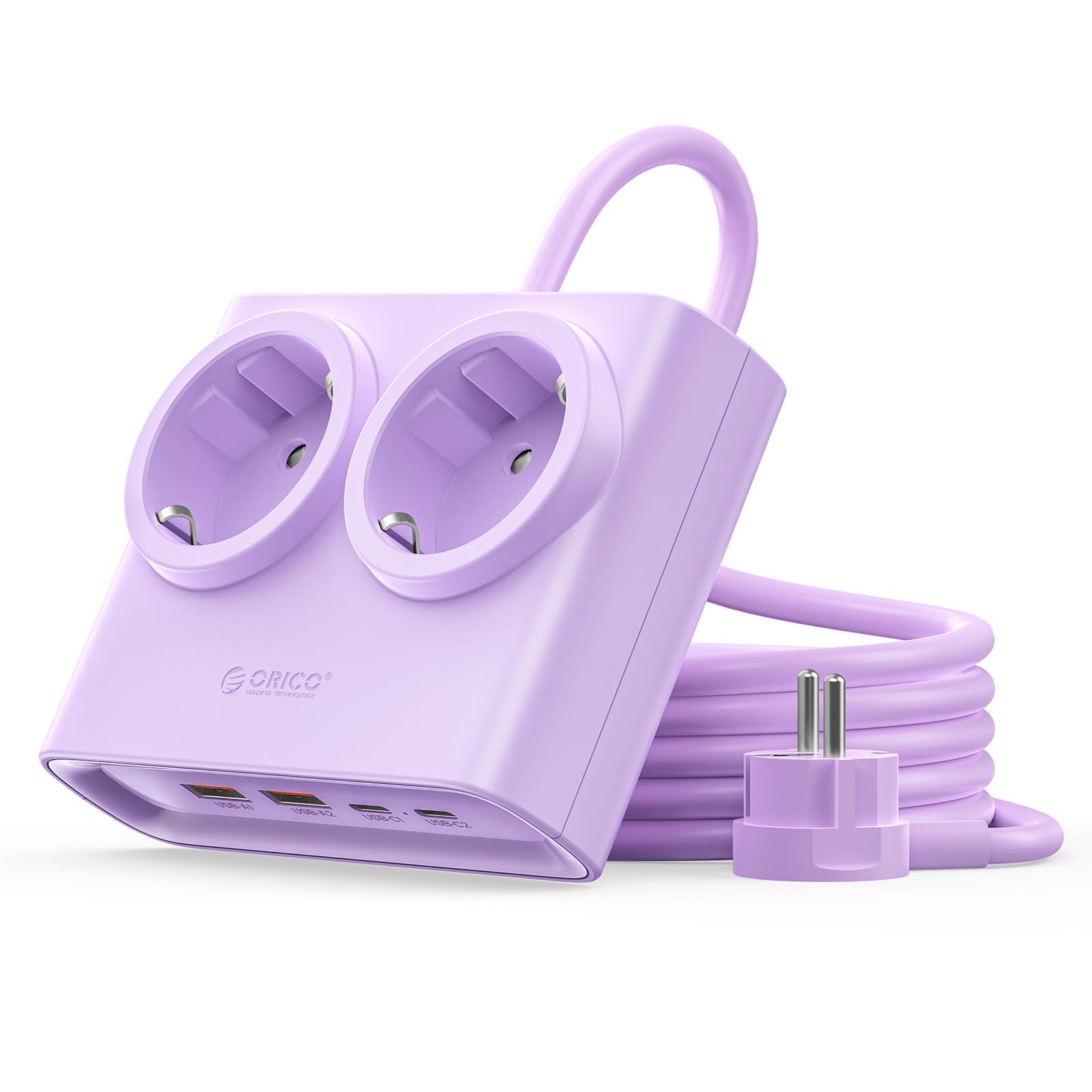 ORICO Regleta Enchufes 6-en-1 PowerBrick Lila - 2 Tomas AC + 4 USB (2 USB-C PD), Carga Rápida 25W GAN, Cable 1,6m, 2500W MAX para Hogar, Oficina, Mesa(PDC)