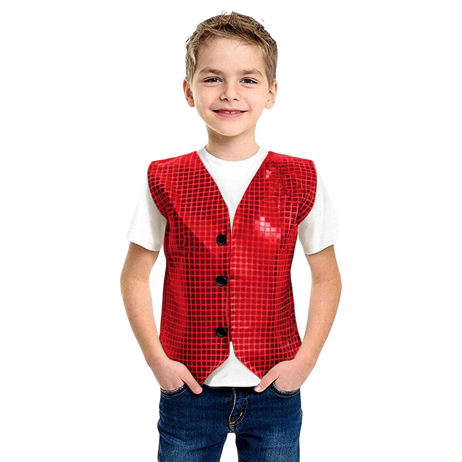 Sequin Vest Unisex Waistcoat Kids Dance Party Show Costume Jacket Top Sparkly Waistcoat for Kids Boys Glitter Coat Shiny Dance Vest for Boys for Party Fancy Dress Up Hip Hop Jazz Red