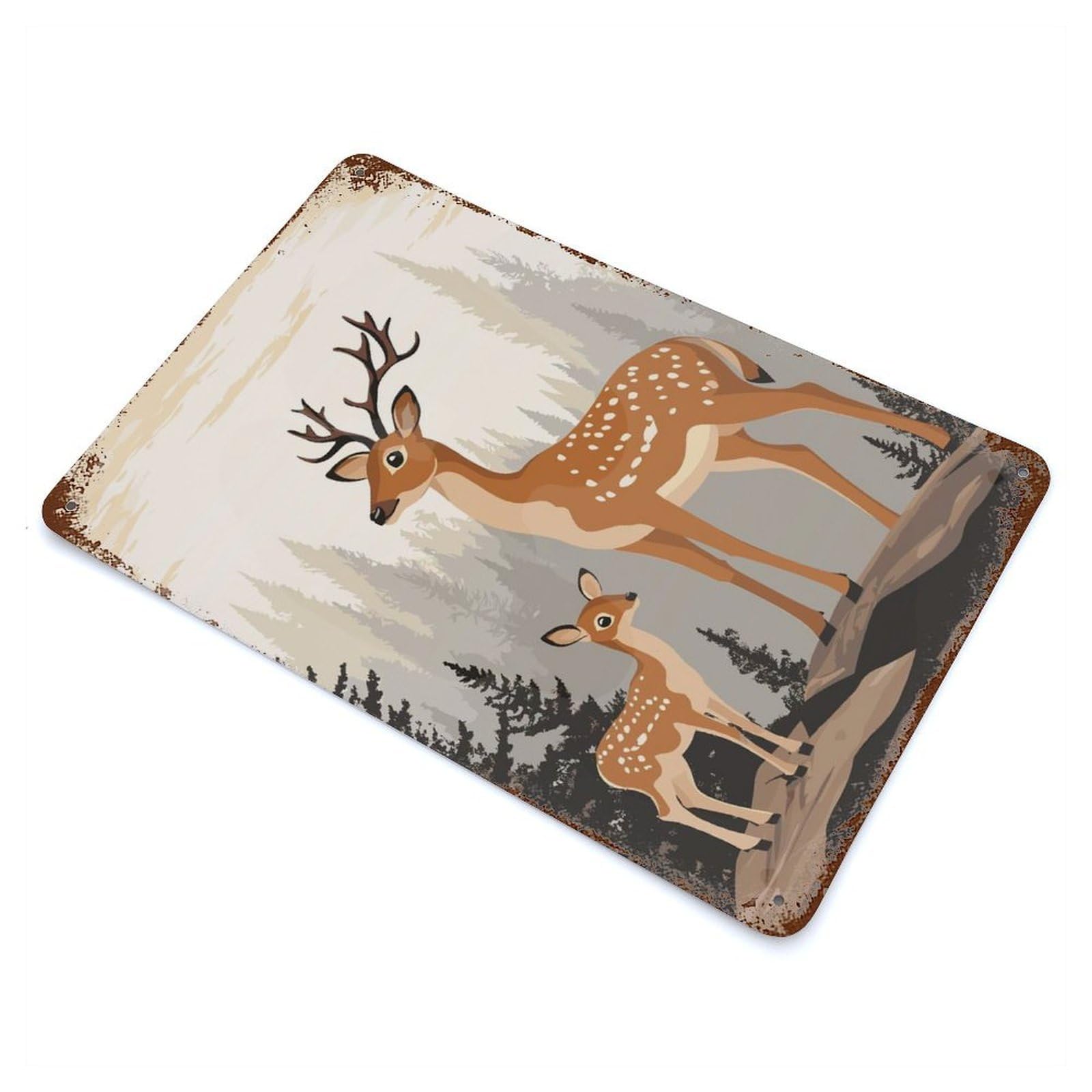 Deer Family in Forest 11.8"x7.9" Vintage Rust Metal Sign, Decorative Metal Wall Art for Farmhouse, Kitchen And Entryway Decor