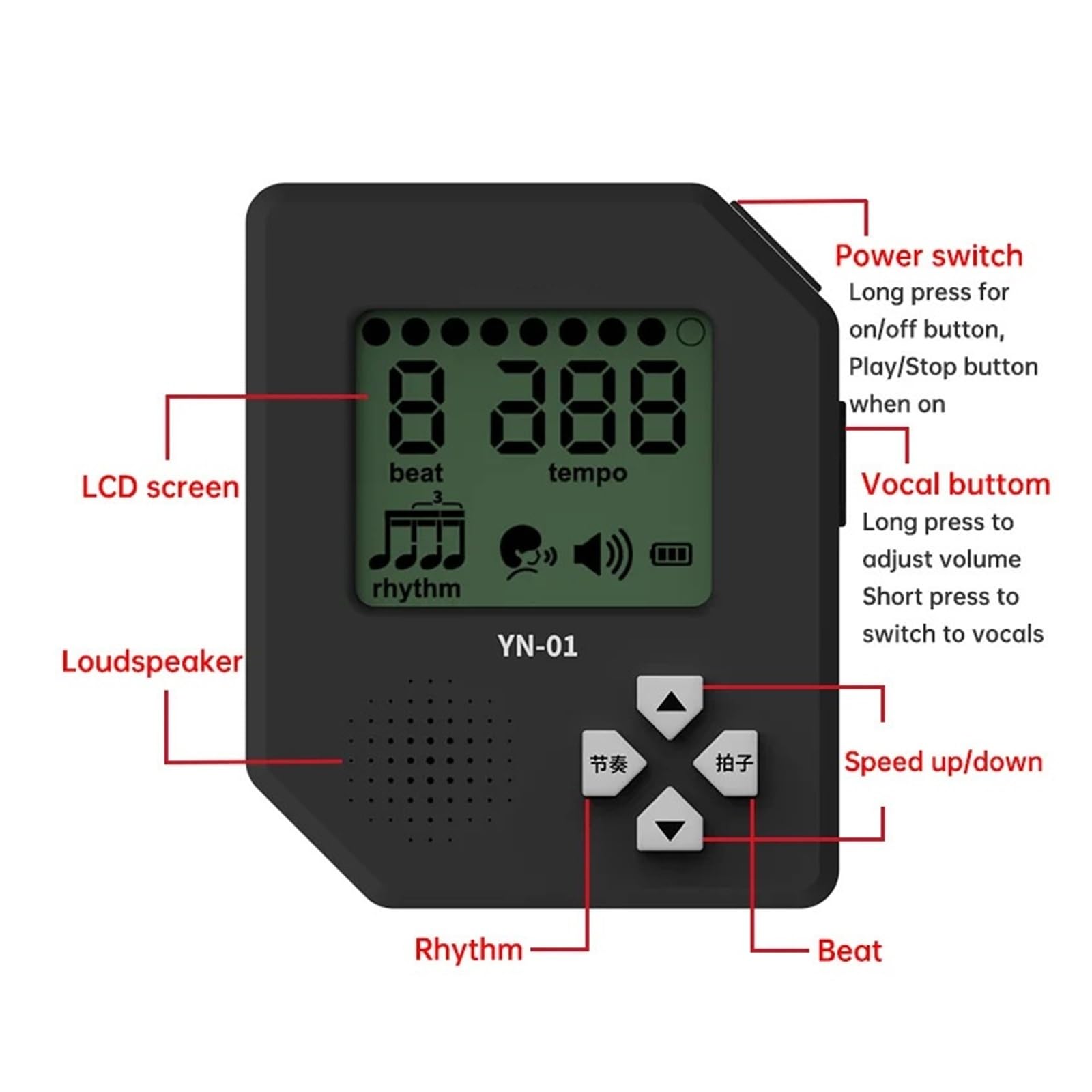 Cyfrowy metronom Clip-on LCD głos liczenie głośności regulowany akumulator przenośny metronom do gitary fortepian flet skrzypce (czarny)