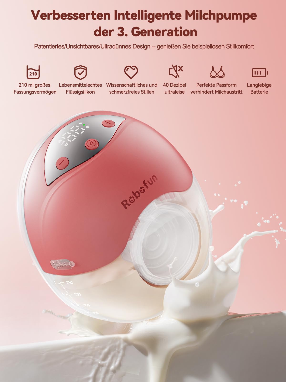 Robofun 2er-Pack Milchpumpe Elektrisch Freihändig, Leise Doppelmilchpumpe, 4 Modi und 12 Saugstufen, Elektrische Milchpumpe Handsfree mit Staubschutzdeckel,19mm/21mm/24mm Flansch- Rosa