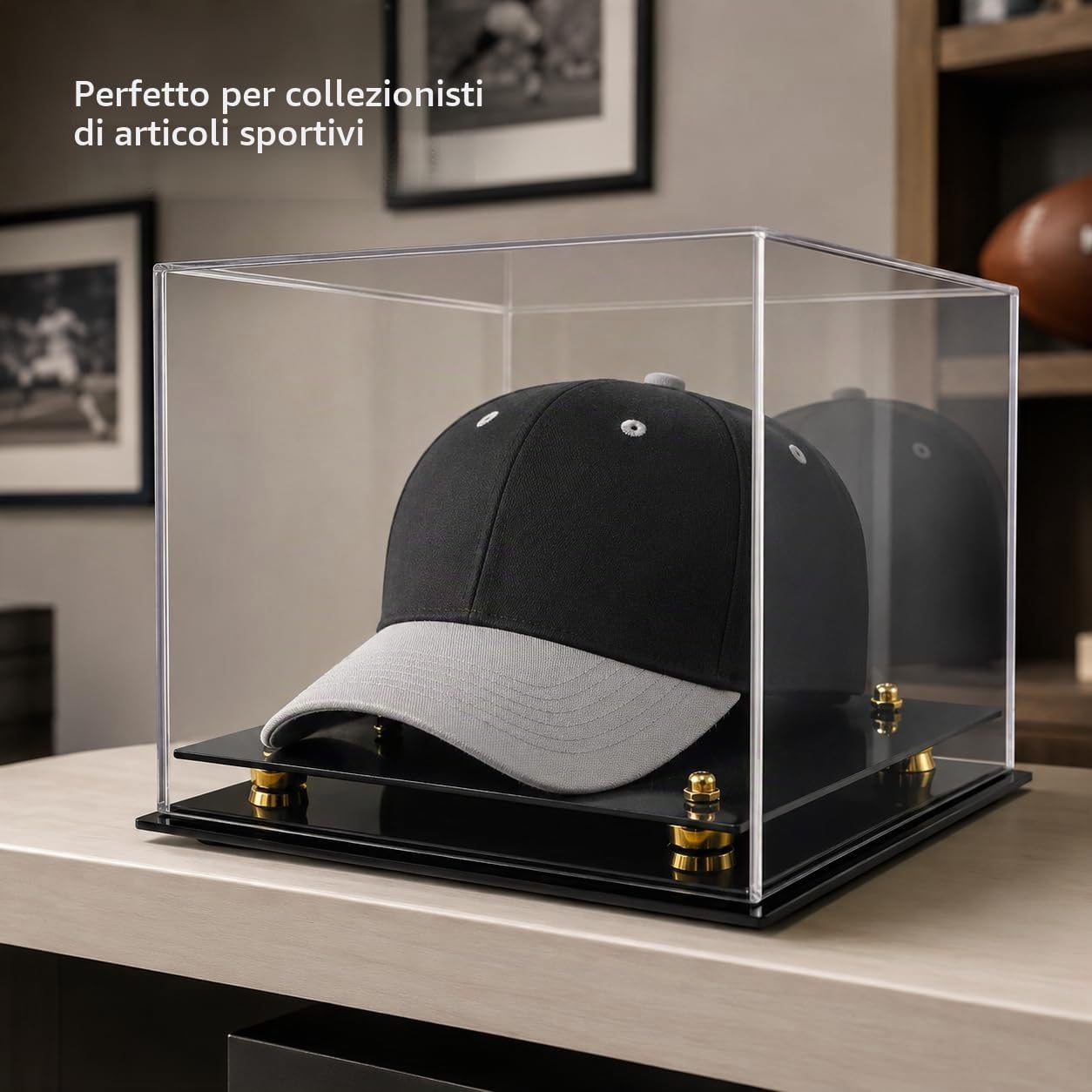 Katai Espositore per cappelli in acrilico, trasparente, resistente ai raggi UV, per berretti da baseball, calcio e softball, da collezione, con panno in microfibra