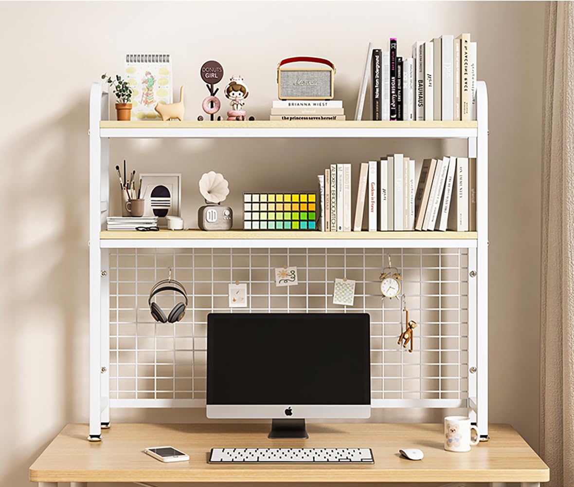 本棚 おしゃれ 机上収納ラック 大容量 卓上 棚 2段 デスク上置棚 幅95cm×奥行20cm×高さ100cm ブラック 木製ラック (ホワイト, 95CM)