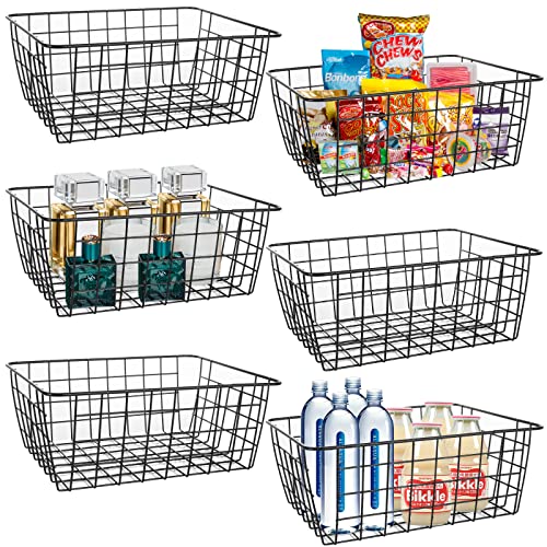 YOUNTHYE 6Pack Wire Storage Baskets 28x22x11CM Pantry Organizers and Storage Black Wire Basket with Handle Freezer Storage Organiser for Shelf Cabinets Bathroom Closets
