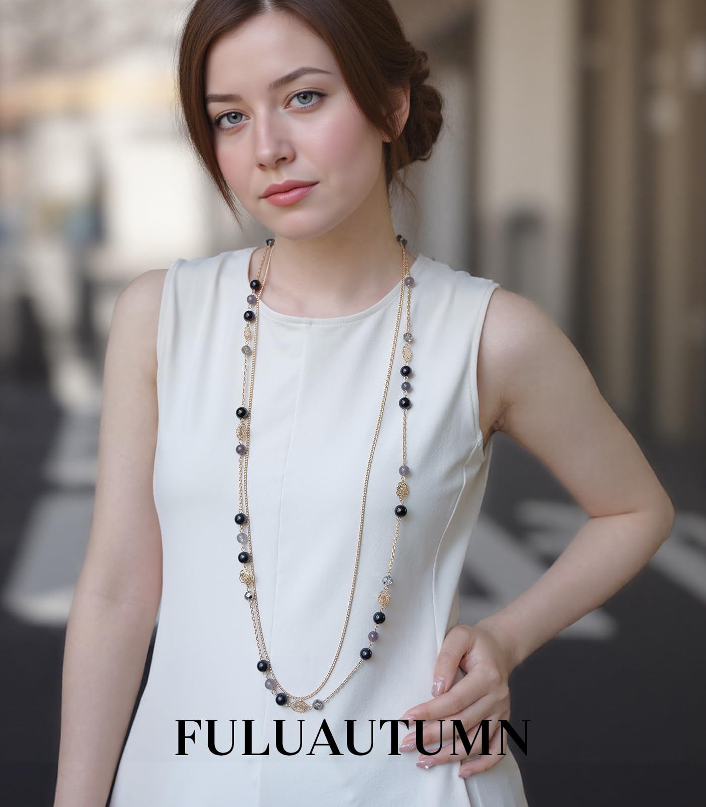 FULU AUTUMN Collana da donna in oro lunga collana con perle di pietra naturale a doppia fila regalo compleanno gioielli fantasia per mamma