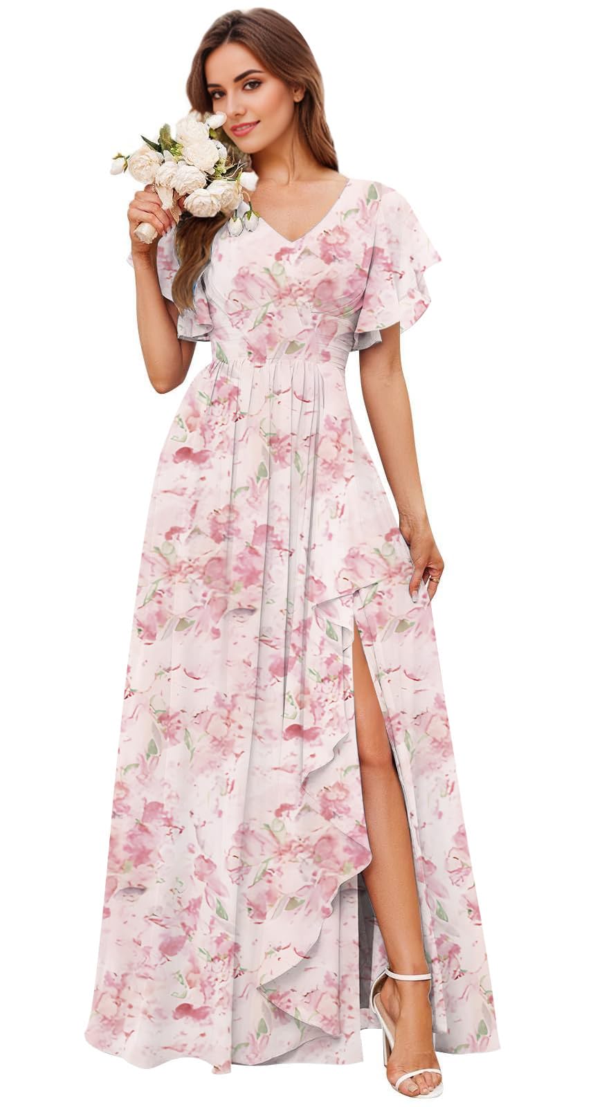 IUUCEAI Women's V-Neck Flutter Sleeves Bridesmaid Dress Long Ruffled Chiffon Formal Evening Gowns with Slit