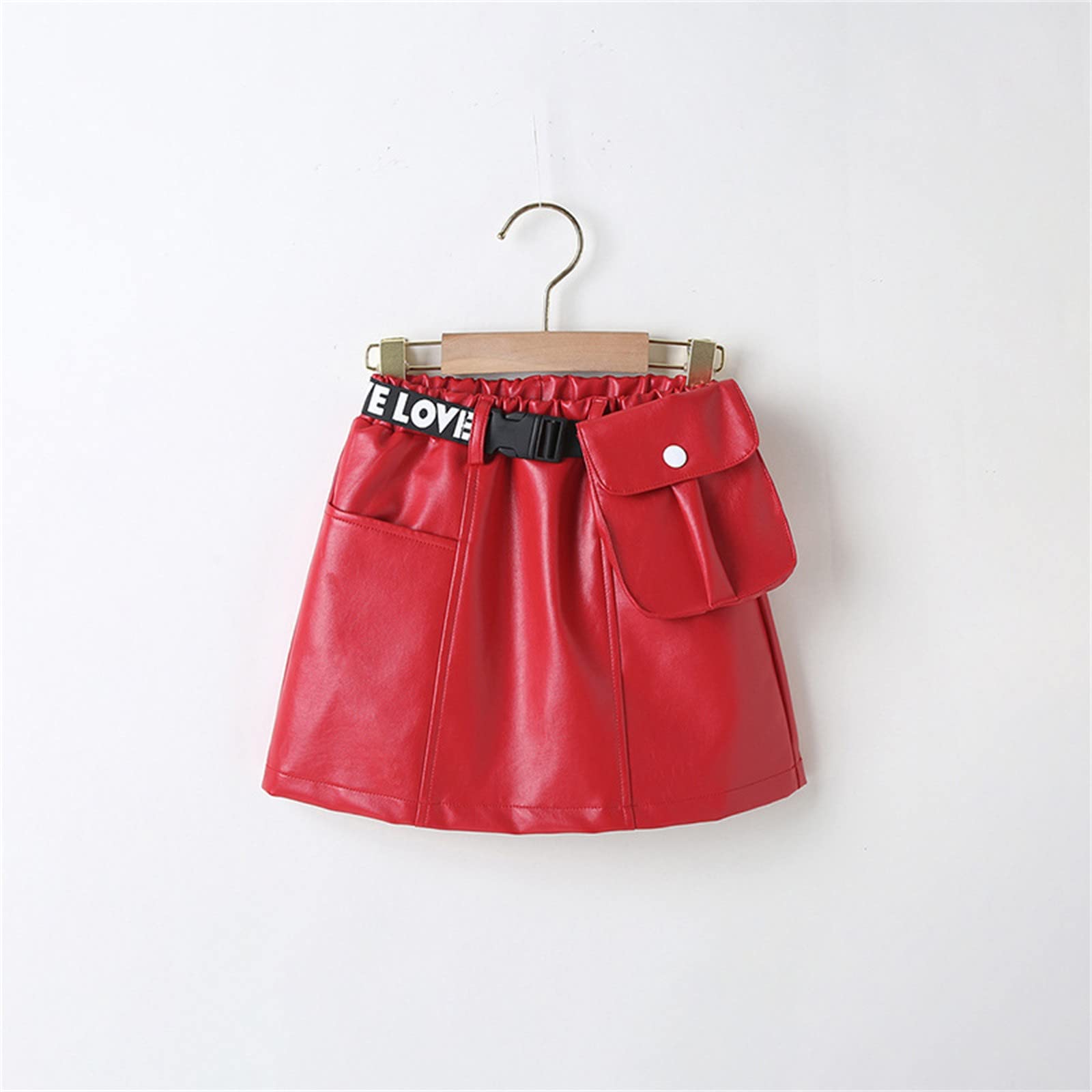 Girls PU Leather Skirt Baby Kids Toddler Patchwork Elastic Waist A-Line Leather Skirt with Pocket (Red, 5-6 Years)
