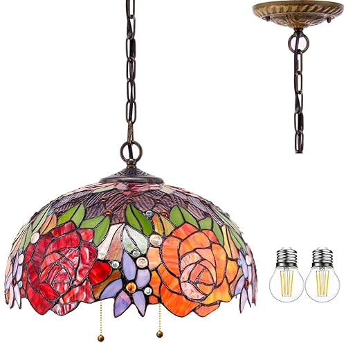 WERFACTORY Tiffany Pendant Light Fixture Red Yellow Rose Stained Glass