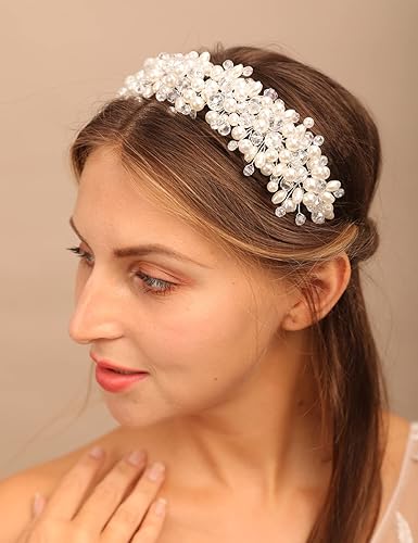 Miniatura 4 de Teyglen Tiara de cristal de perlas florales para boda, diadema vintage con diamantes de imitación, piezas de cabello para novia, accesorios para el