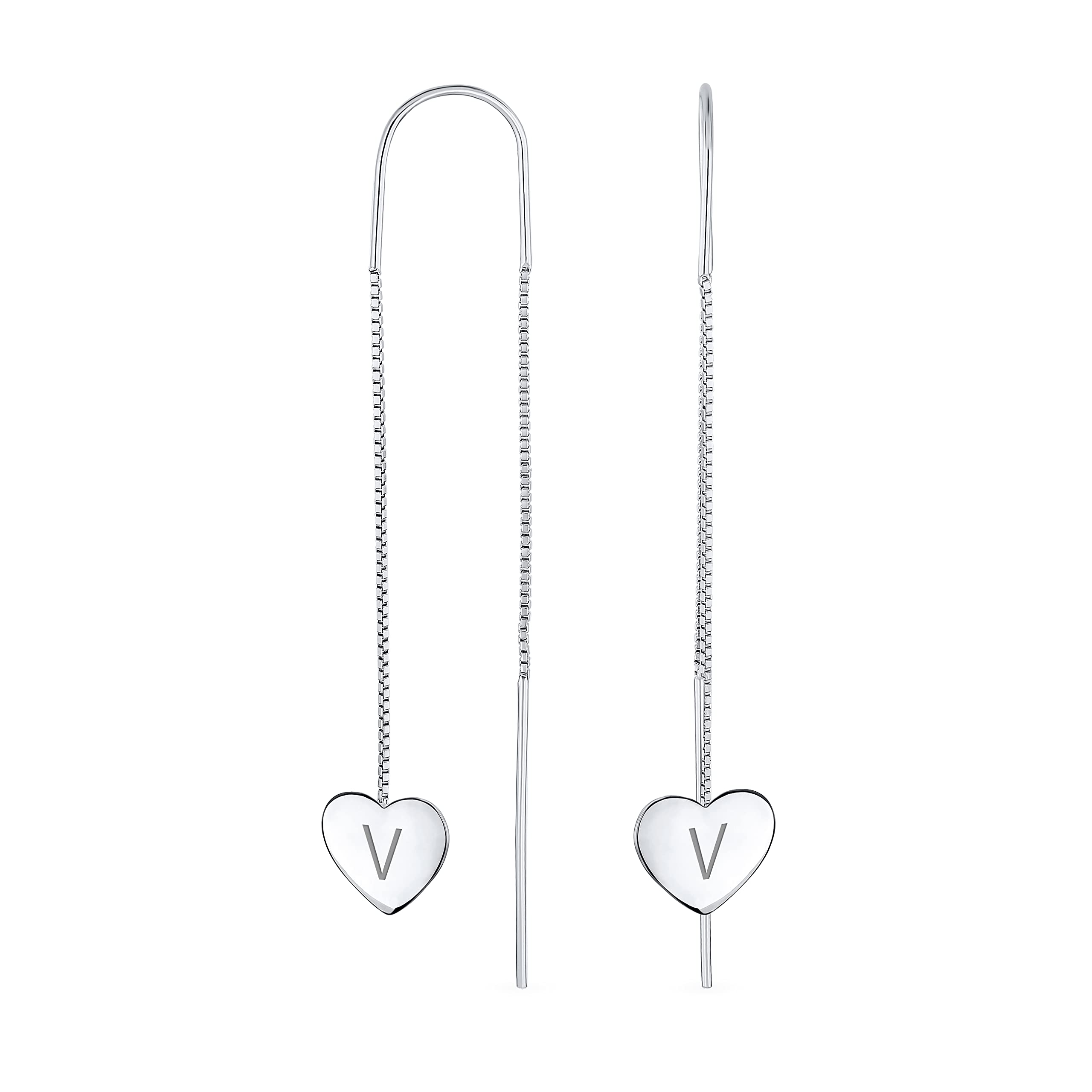 Letra Del Alfabeto Inicial Personalizada V Pendientesde Cadena De Corazón Planos, Ligeros Y Largos Con Enhebrador Para Mujeres Adolescentes .925 Plata De Ley Estabilizador U Gancho Grabado A Medida