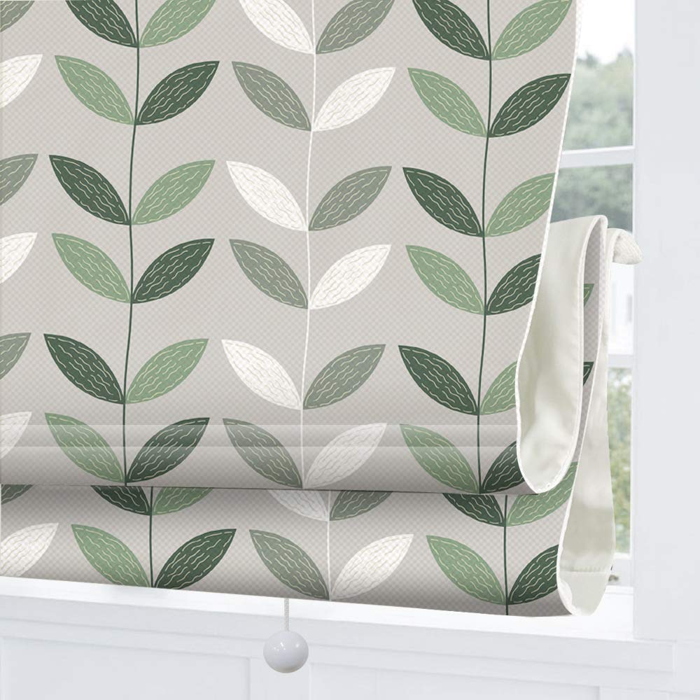 ArtdixCordless Roman Shades Blackout Window Shades - Green Leaf Fabric Light Filtering Custom Roman Shades Blinds for Windows, Doors, French Doors, Kitchen Windows (1 Piece)