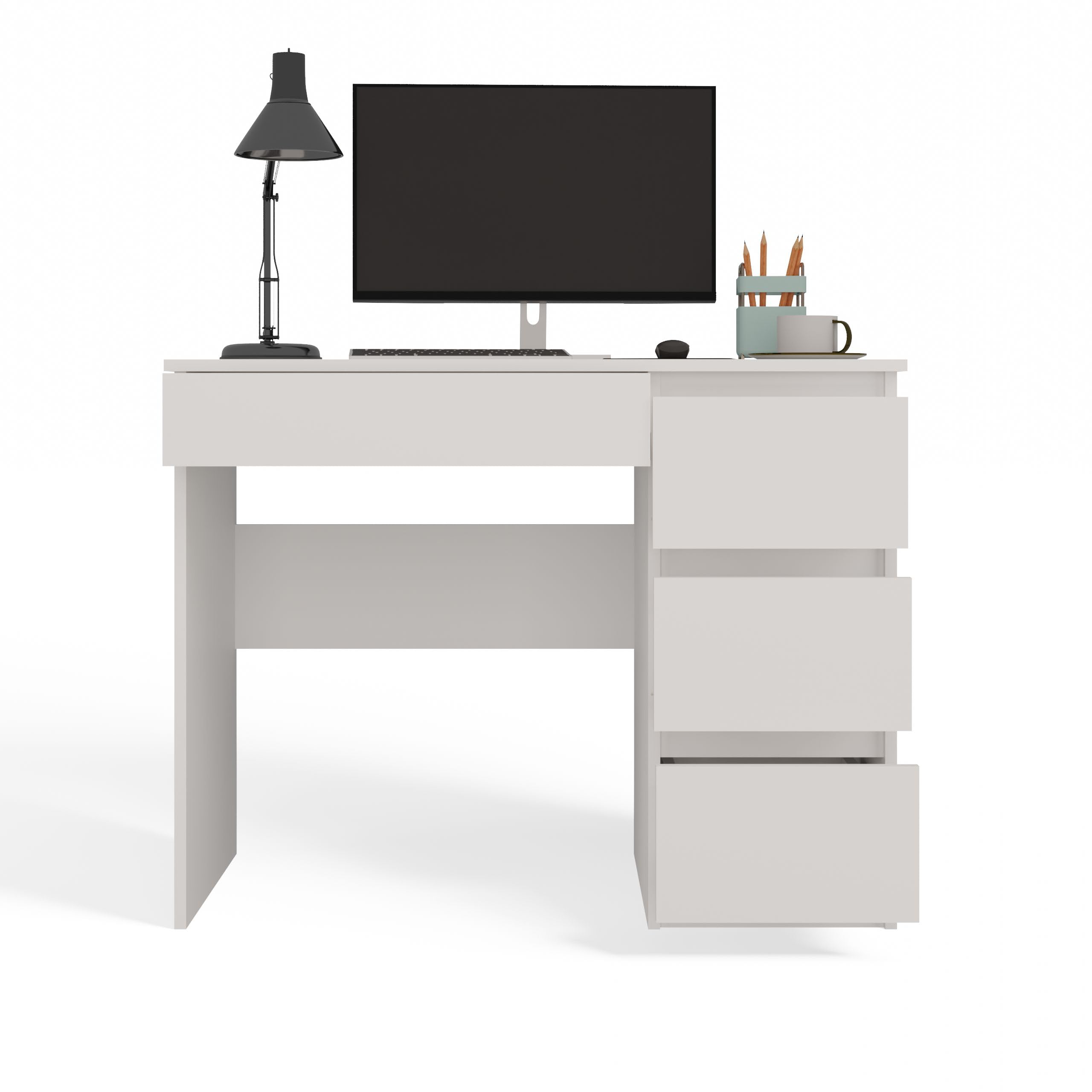 CDF Escritorio 4 Cajones Mesa de Ordenador Oficina Casa Despacho Decoración Diseño Versátil Estudio para Computadora Laptop Portátil Gaming Documentos para Trabajo Juvenil Adulto – Blanco Mate