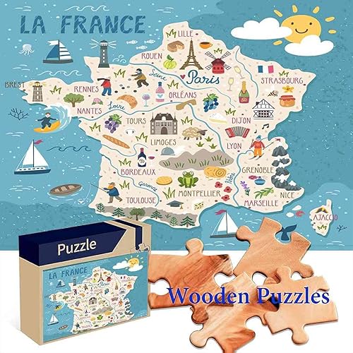 Rompecabezas de mapa para adultos, mapa de Francia, viajes, lugares de interés franceses, rompecabezas de madera, rompecabezas de madera, regalo