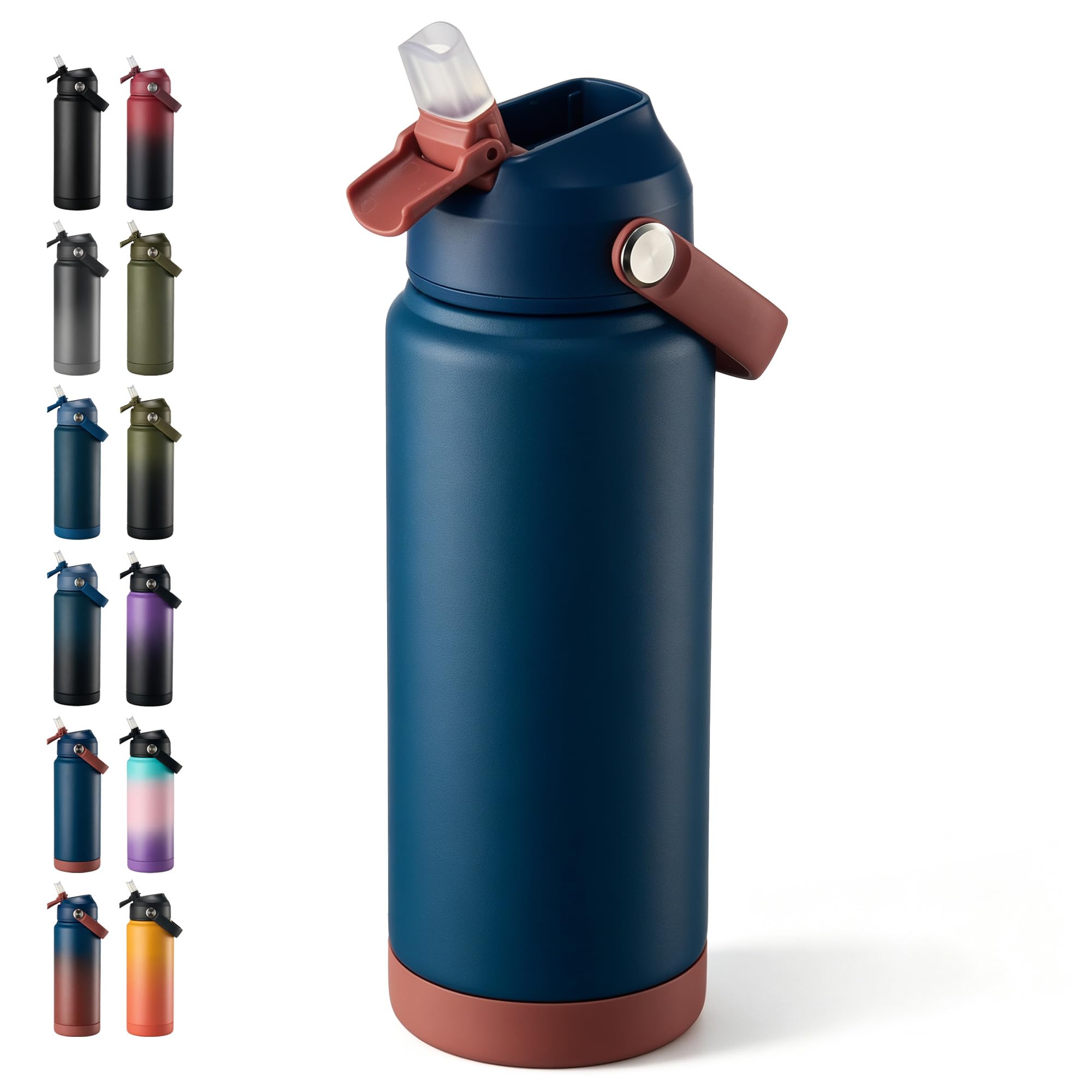 Fijinhom 24 oz Insulated Water Bottle with Straw Lid, Stainless Steel Water Bottles, Double Wall Vacuum, Portable Handle &amp; Non-slip Bottom, BPA Free Leak Proof Metal Bottles, Keep Cold 24H, Sapphire