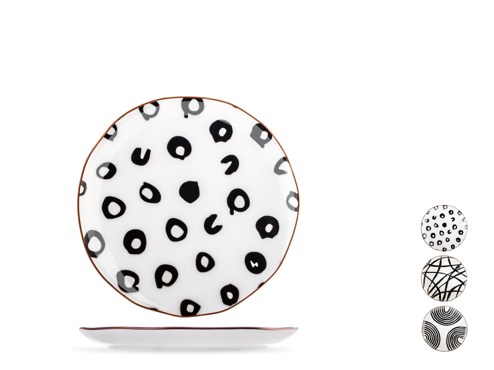 H&H-Avana, set 6 piatti frutta, in porcellana, decorata, stile etnico, piatti black&white, 21 cm, lavabili in lavastoviglie