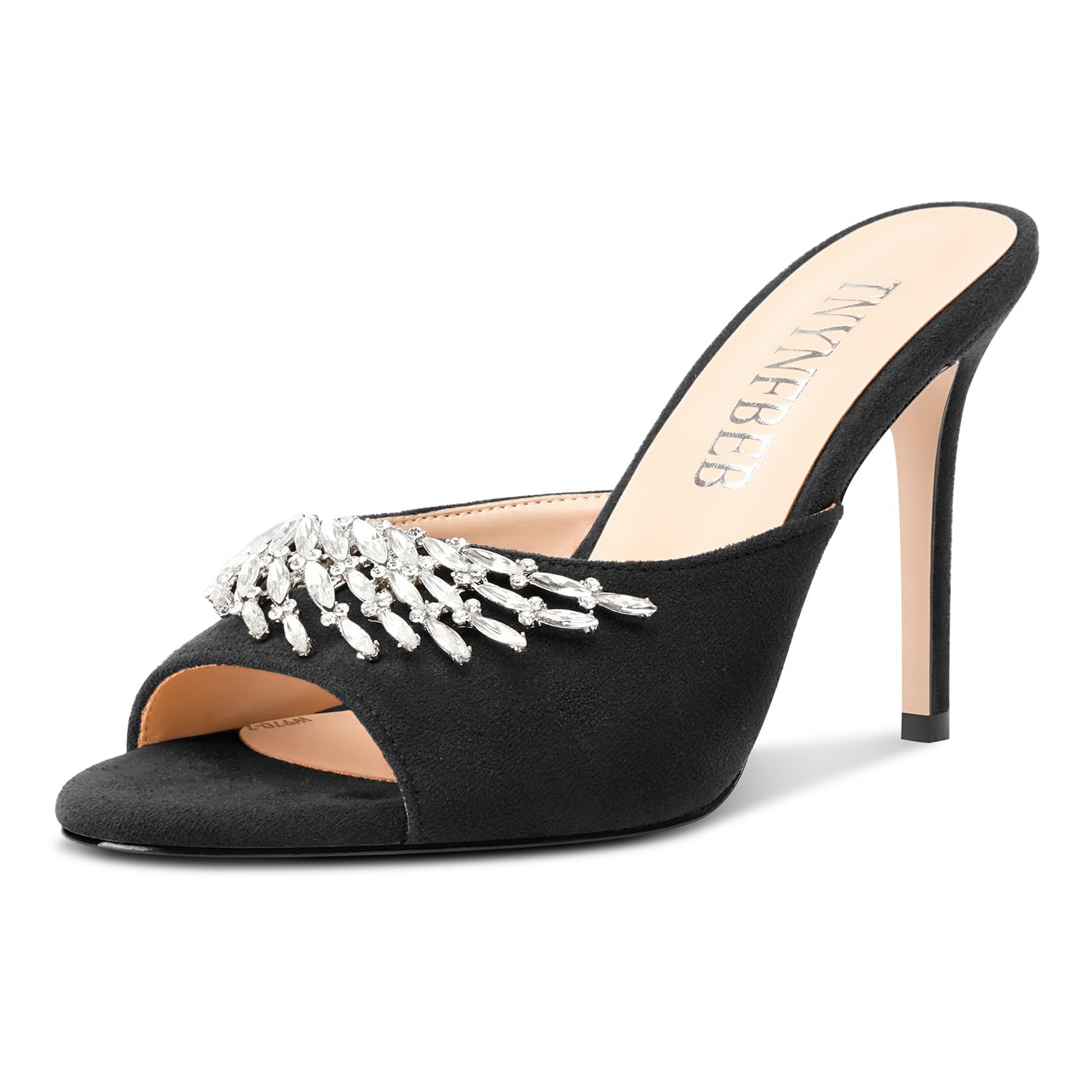 TNYNFBEB Womens Stiletto High Heel Peep Open Toe Sandals Mules Shoes Slingback Slip-on Rhinestone Crystal Prom Dress Summer 3.9 Inches Heels