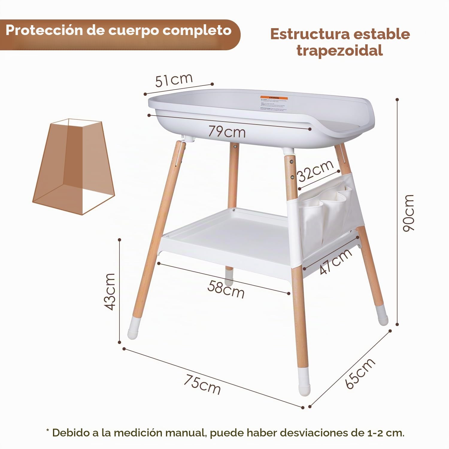 beberoad Cambiador de Pañales,en Madera Natural, Colchoneta del Cambiador en blanco, Altura Regulable, 90x75x65cm, Blanco