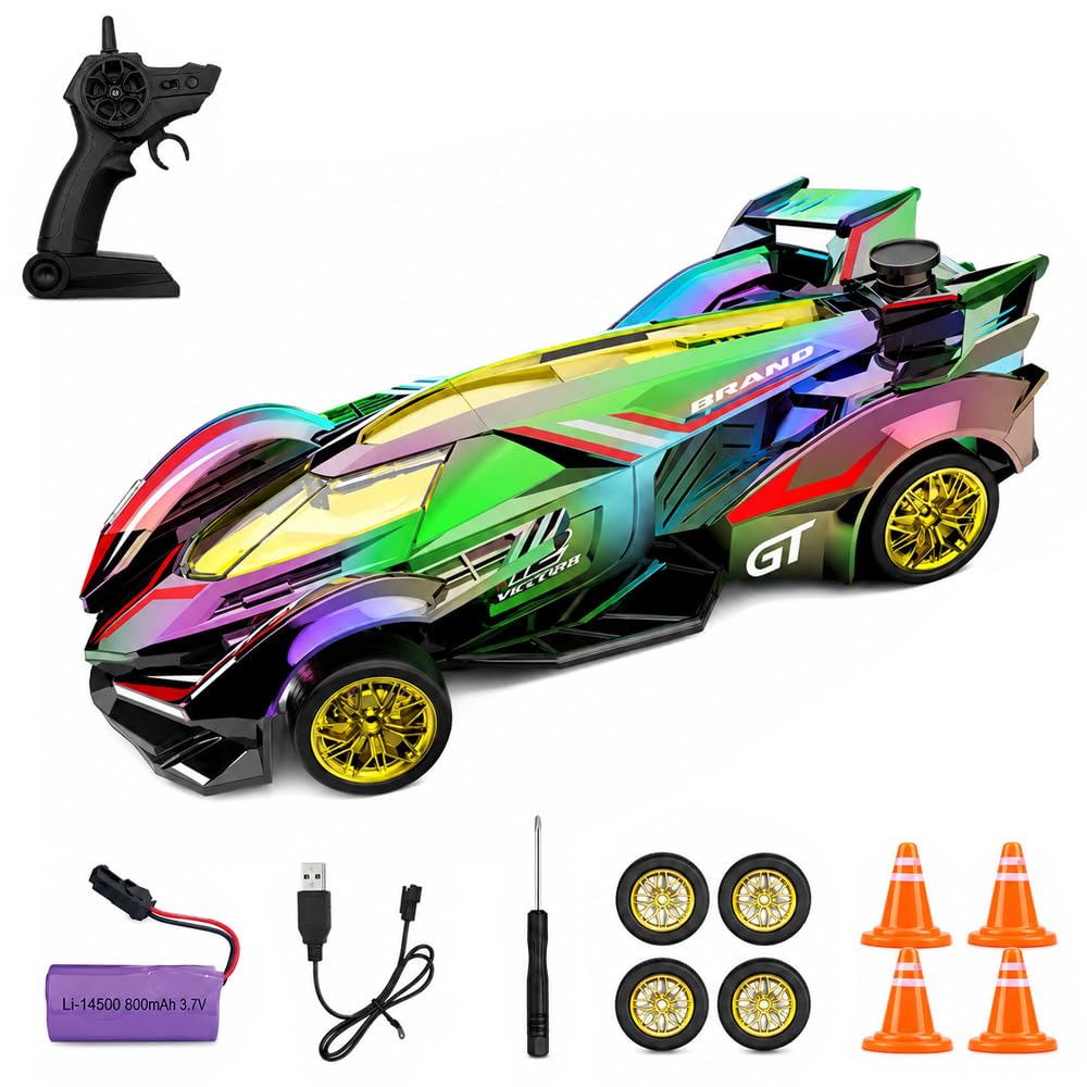 JYQOQH RC Drift Car,1:24 Remote Control Car for Kids,Radiant-Iridescent Remote Control Drift Cars,2.4GHz,High Speed 4WD,Racing RC Drifting Cars with Cool Lighting & 2 Battery,Toy Vehicle for Boys Gift