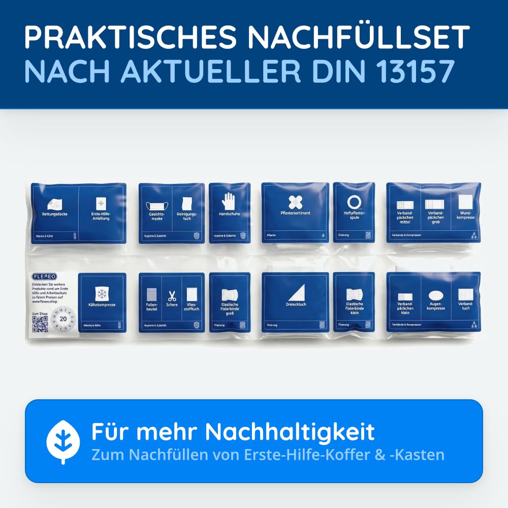 FLEXEO DIN 13157 Nachfüllset für Erste-Hilfe-Koffer, Verbandskasten | Verbandkastenfüllung bestehend aus 85 Teilen inkl. Erste-Hilfe-Anleitung | nach aktueller geltender DIN 13157:2021