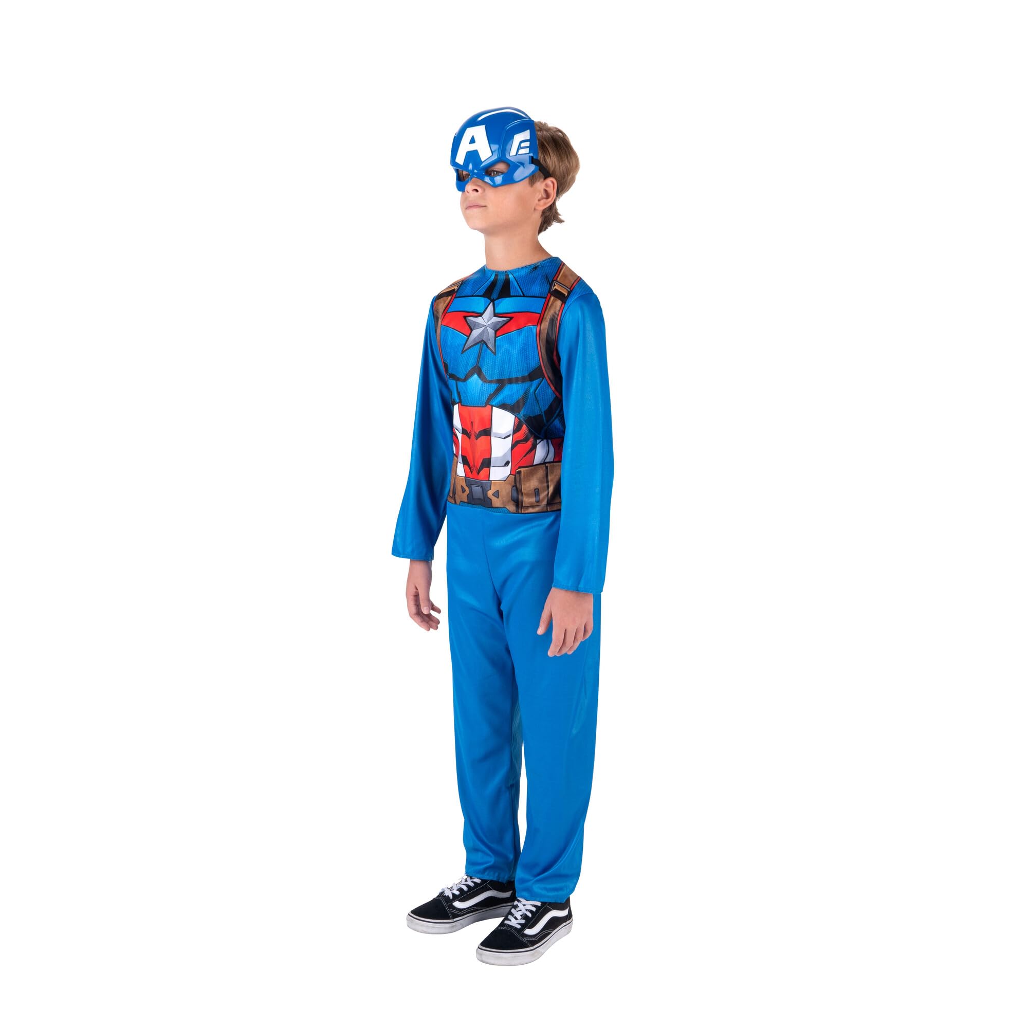 Marvel Captain America Official Youth Costume - Premium Fabric Jumpsuit with Printed Design and Plastic Half Mask