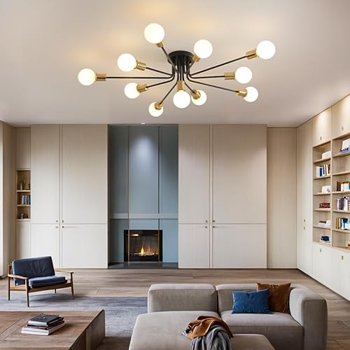 Miniatura 6 de Lámpara de techo Sputnik grande de 11 luces, color negro y dorado, lámpara de techo semiempotrada de metal moderno para sala de estar, dormitorio,