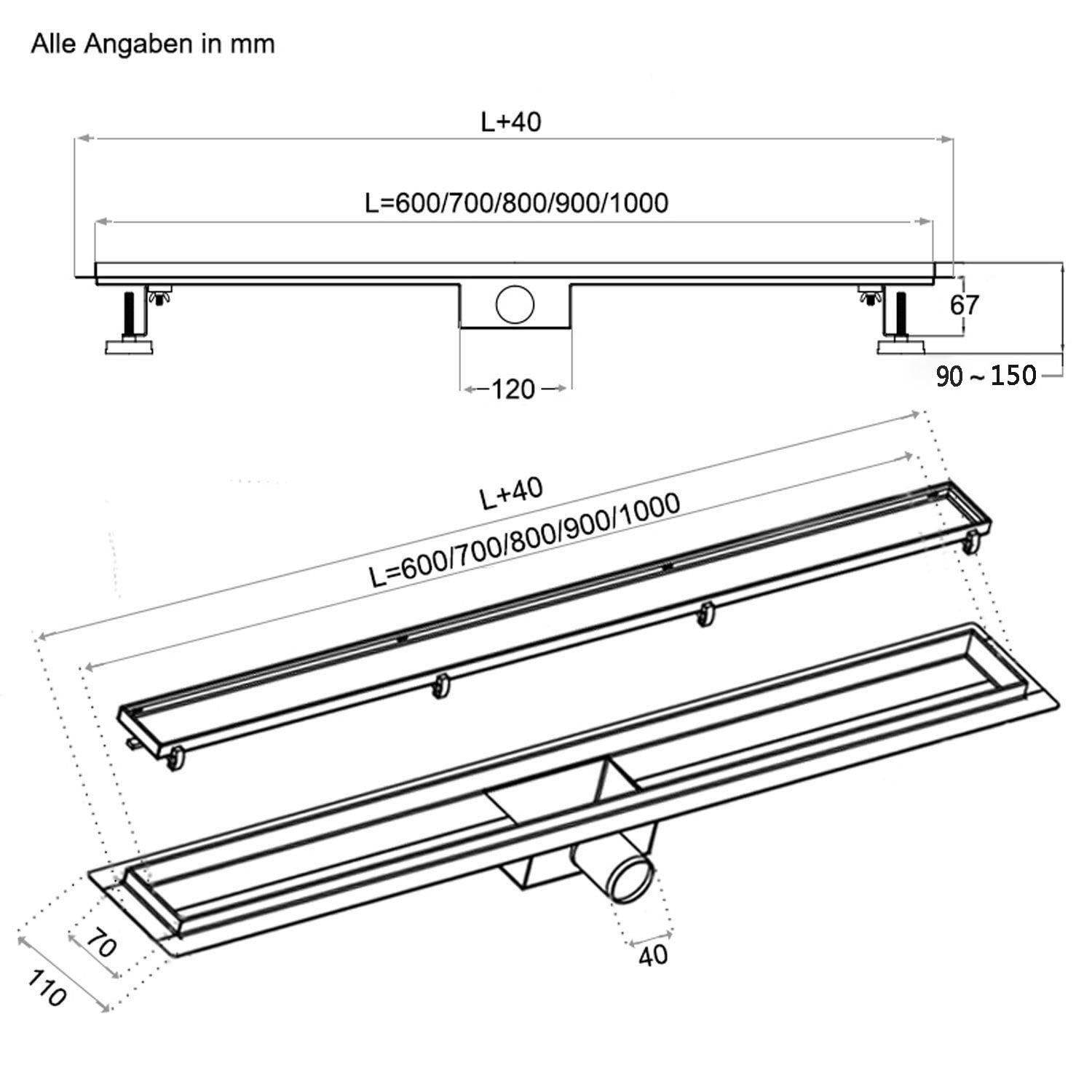 Aica Caniveau de Douche Italienne Acier Inoxydable 130 cm Siphon Sol D'évacuation le Modèle Linéaire Drain de Douche Rectangulaire Extra Plat Argent