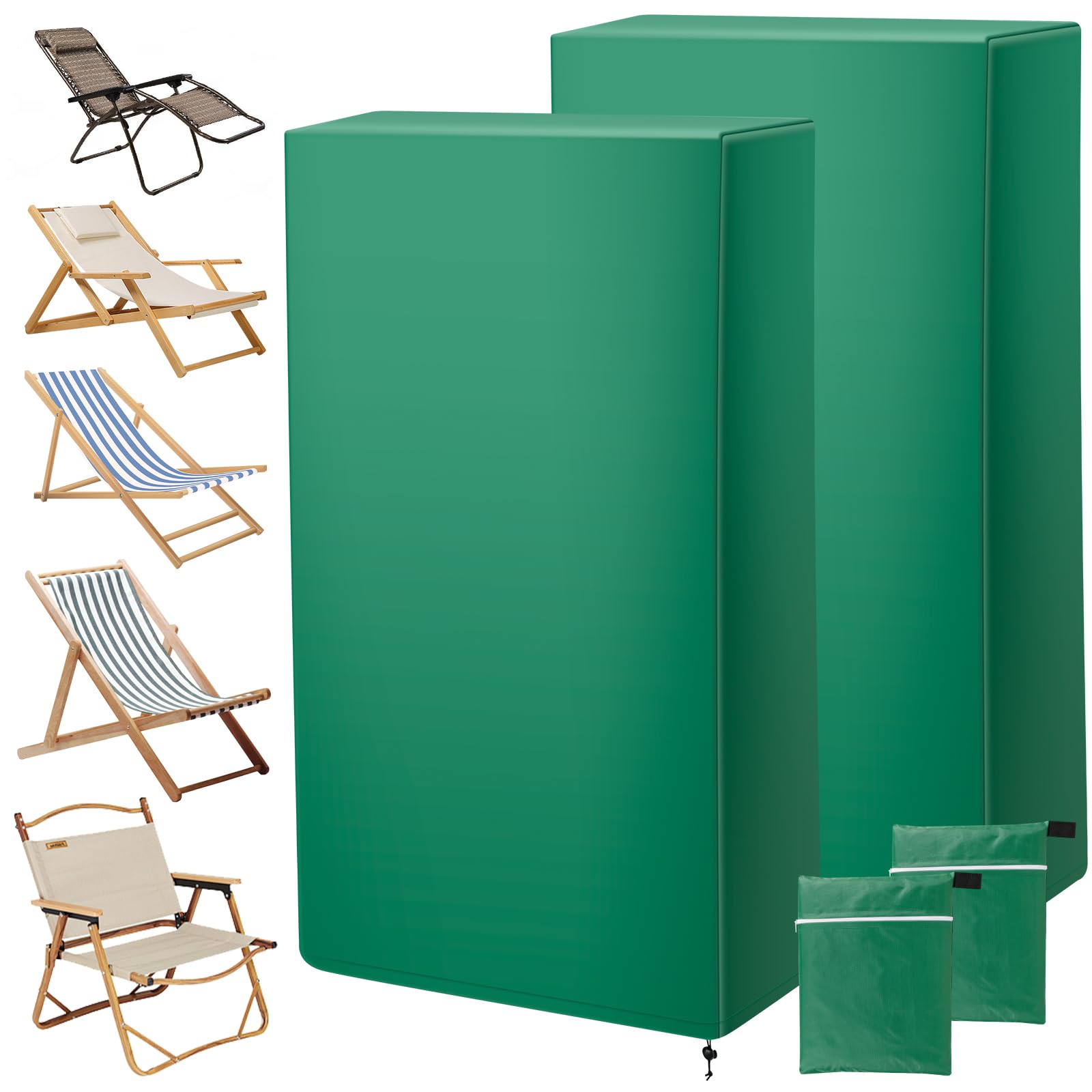 GWCYMYD 2 PCS Outdoor Folding Chair Covers, Waterproof Oxford Fabric with Internal Silver Coating & Adjustable Strap, 71x23x110cm All-Weather Dust Sun Rain Protector for Beach Garden Camping(Green)