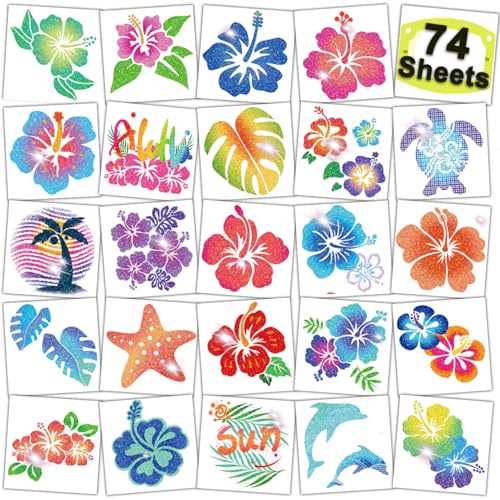 CHARLENT Glitter Hibiscus Temporary Tattoos for Aloha Party Decoration - 74 Individually Sheets Glitter Hawaii Flower Tattoos for Kids Women Hawaiian Party Favors
