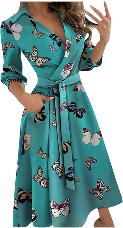 AMhomely Women Dresses Clearance,Ladies Casual Loose Bandage Half Sleeve Printed V-Neck Ankle-Length Dress UK Size Sale Work Dress Office Dress Plus Size Wedding Guest Dress