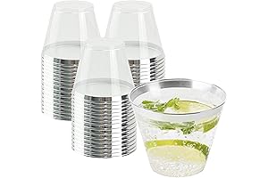 QPEY Silver Rimmed Plastic Wine Glasses (9 Ounce, 50 Pack)