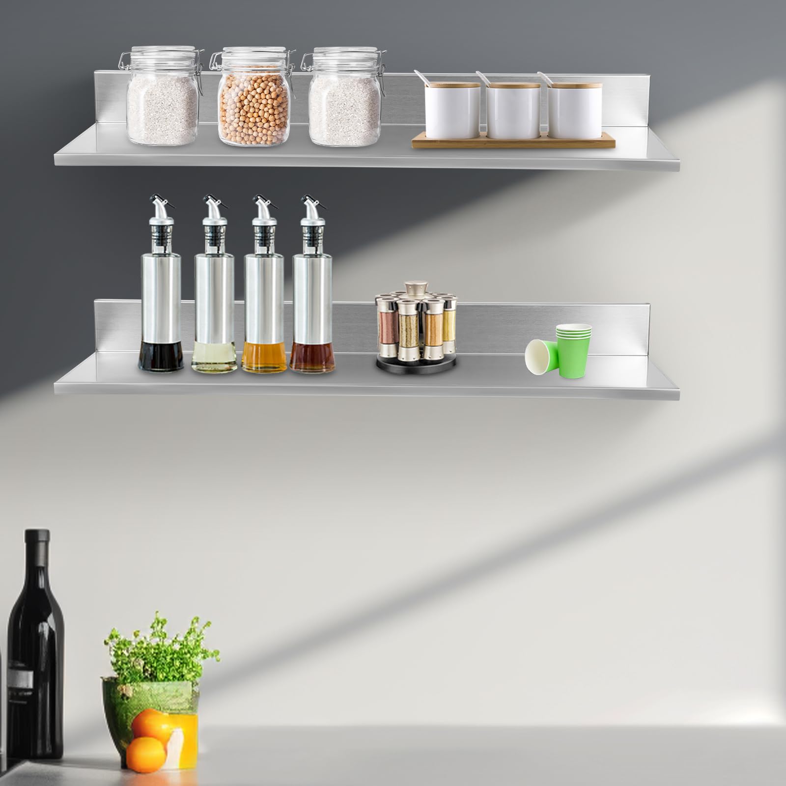 Estantería para especias de pared de acero inoxidable, juego de 2 unidades, estante para especias colgante, 18 kg, estante de cocina para especias, soporte para utensilios de cocina, montaje en