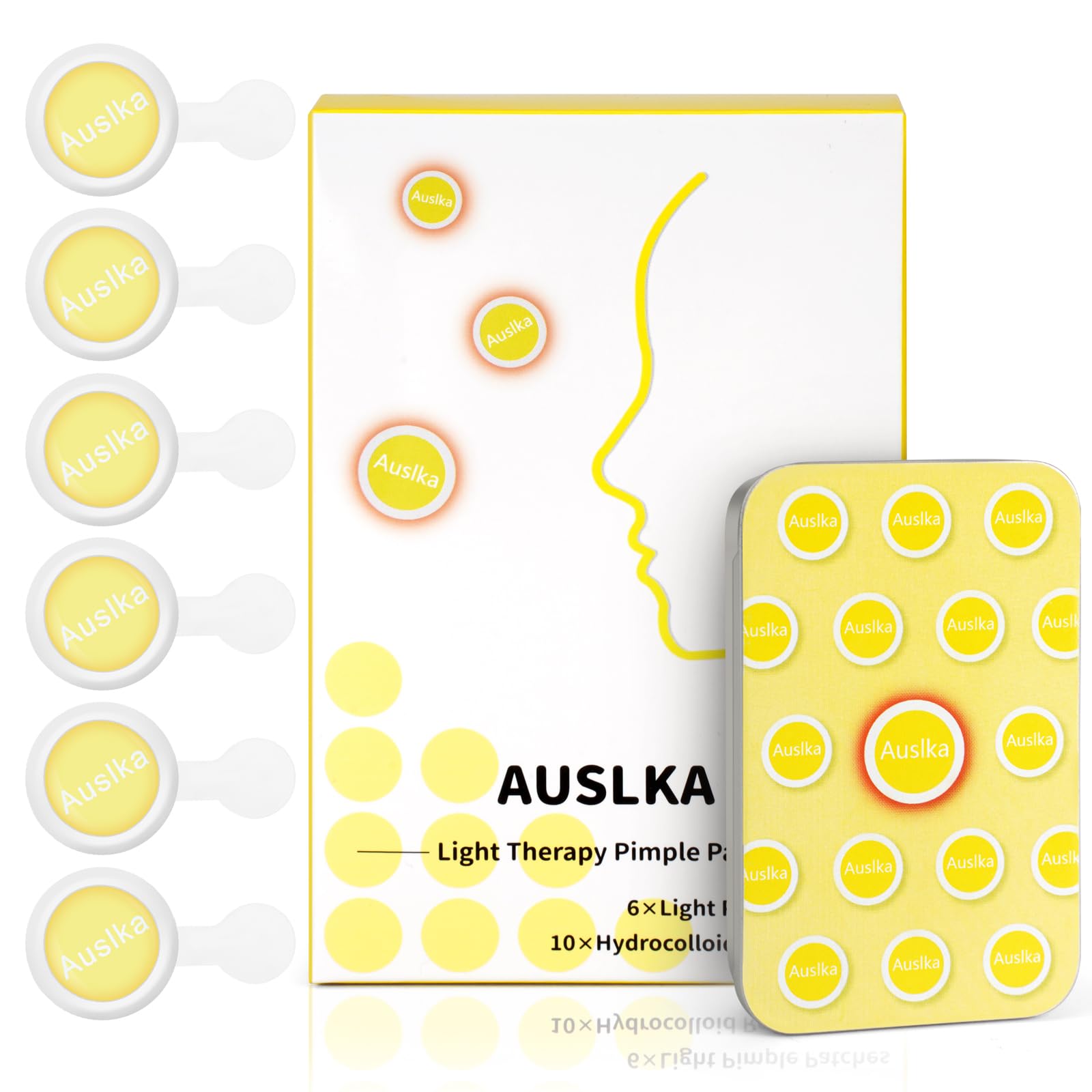 AUSLKA Light Therapy Pimple Patch, LED Red Light Hydrocolloid Zit Patches, Spot Dots for Blemishe, 6-Packs, Use 6-8 hours (Yellow, Reduces Red&Black