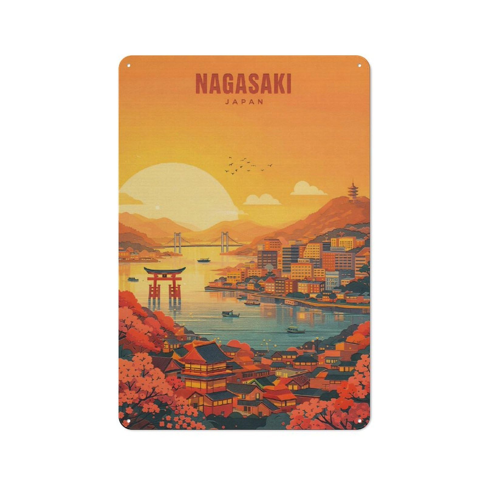 Junmoney Style-2 Nagasaki Japan Cityscape At Sunset Tin Sign 30X20cm, Vintage Home Bar Decor For Cafe, Pub, Workshop Or Home Bar, For Relaxed Wall Styling