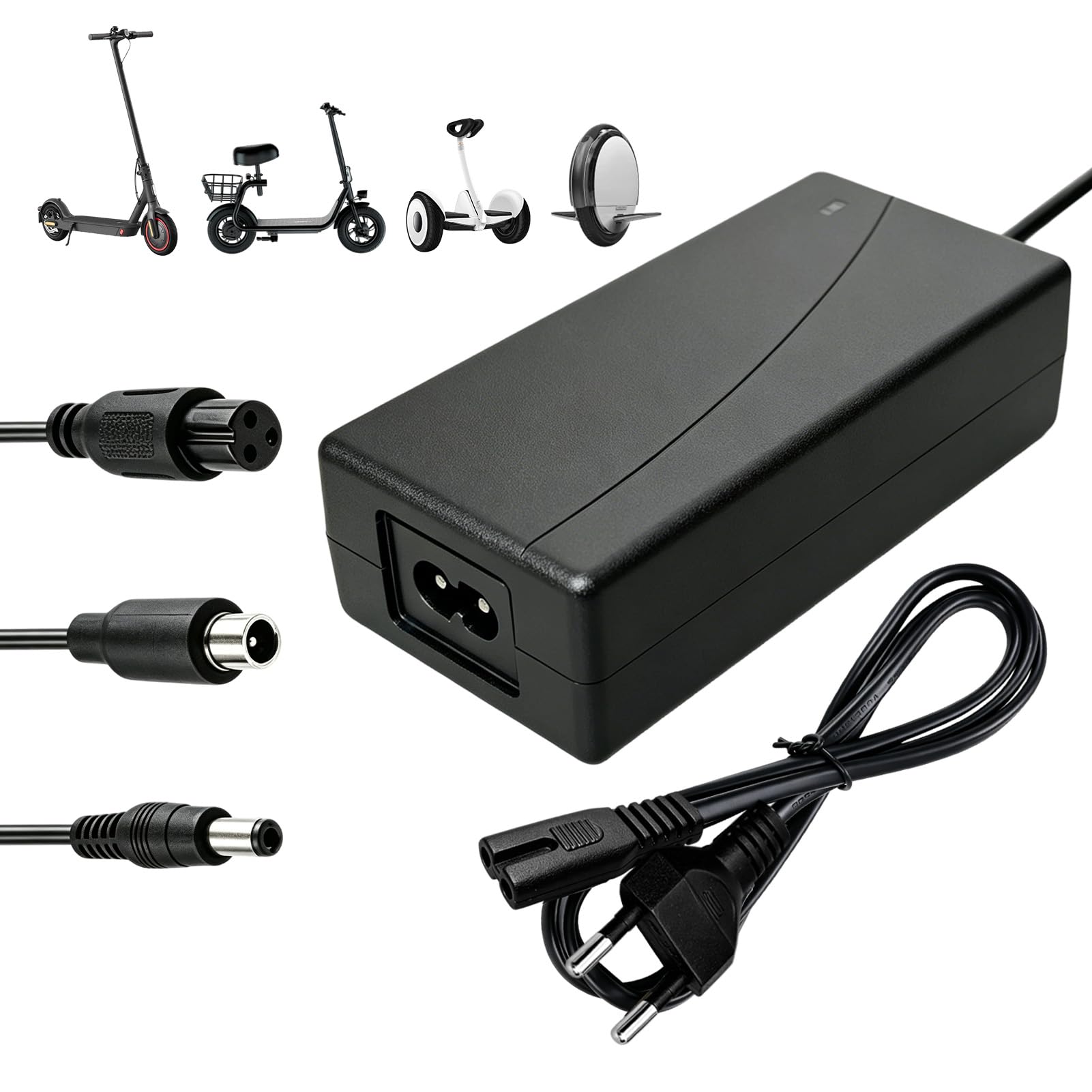 Cargador Patinete Eléctrico 42V 2A, Cargador para BaterÃa 36V con 3 Conectores DC 5,5 mm / 8 mm RCA/Aviación, Compatible con Xiaomi, Ninebot, Gotrax, Hoverboard, Scooter Eléctrico y Patinete