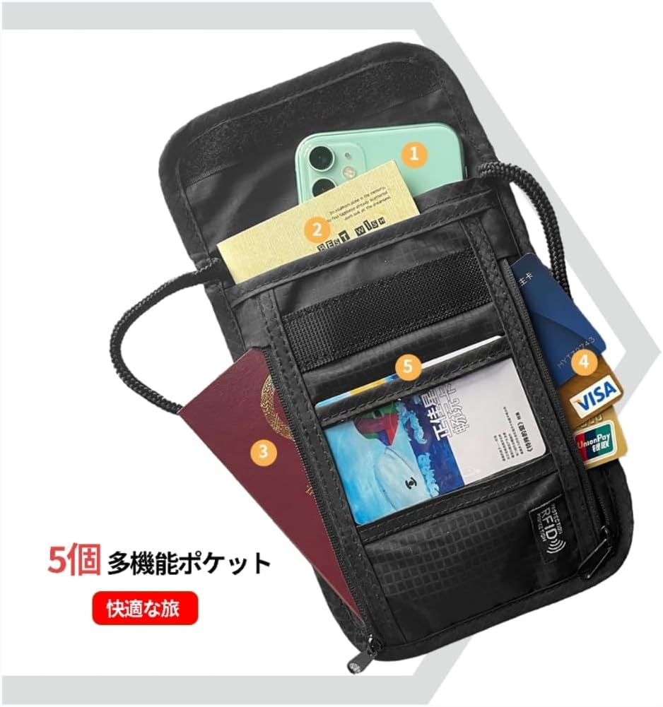 [Yoeeco] パスポートケース 首下げ 軽量・超薄型 セキュリティポーチ スキミング防止 パスポートカバー 海外旅行 バッグ 防犯 (Black)