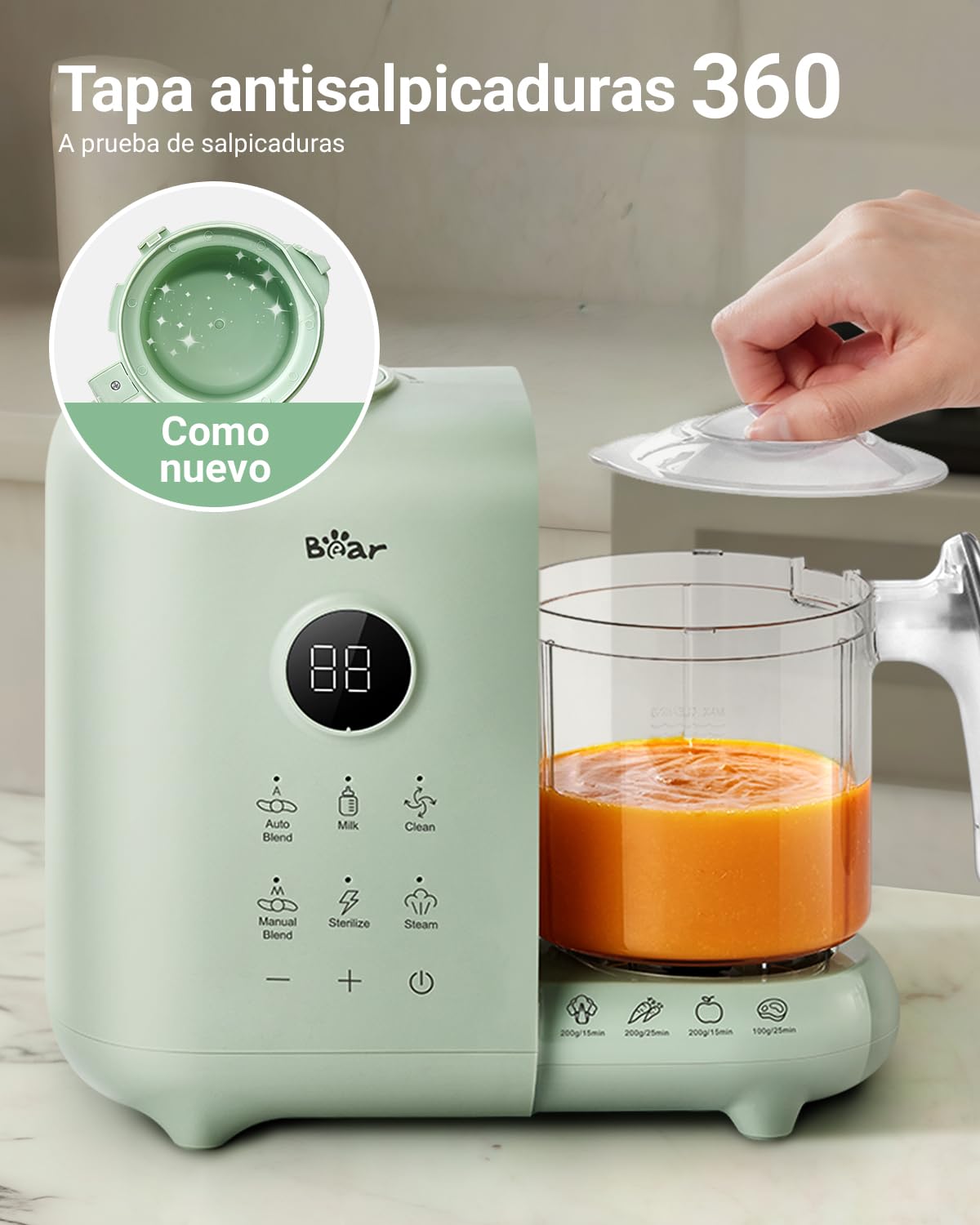Bear Vaporera 6 en 1 con batidora premium para alimentos para bebés, vapor, agitación automática, calentamiento de leche, desinfección, función de autolimpieza, función de limpieza automática (Verde)