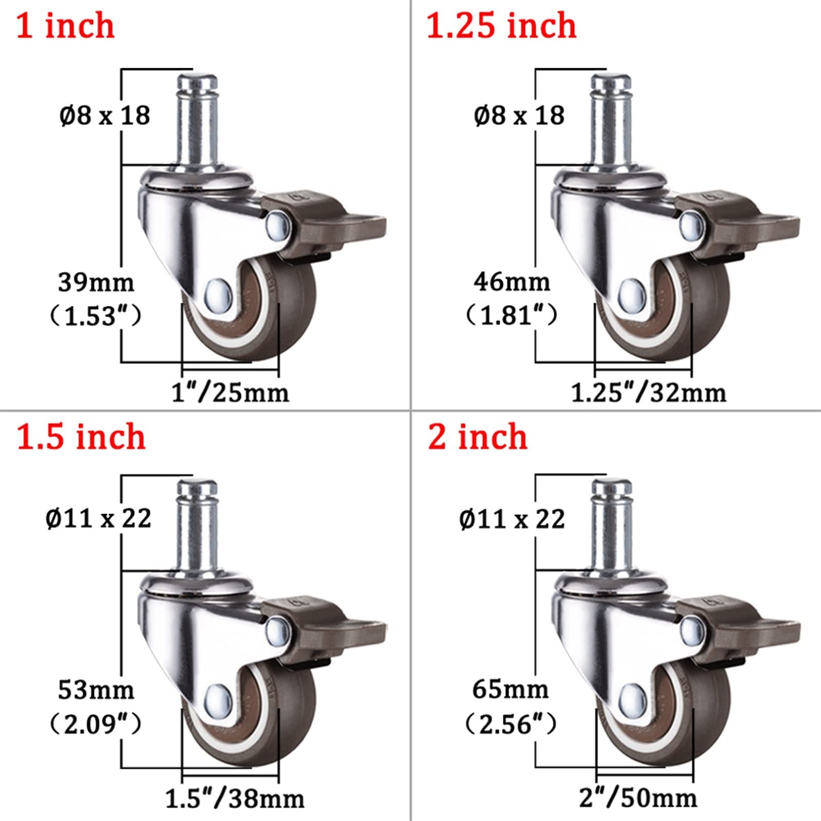 Zestaw 4 niebieskich gumowych kółek obrotowych o 360 stopni (B1244,1 PC 1,5 cala)