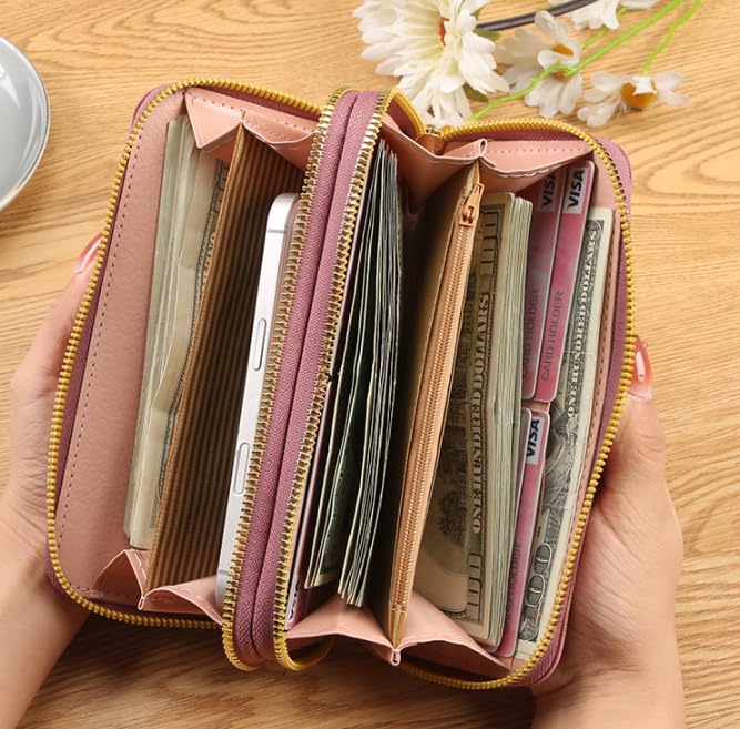 Mothers Day Gifts,Wallet Women,Trendy Solid Color Long Wallet, Double Zippers Clutch Coin Purse, Women'S Faux Leather Card Holder With Wristband (Black)4