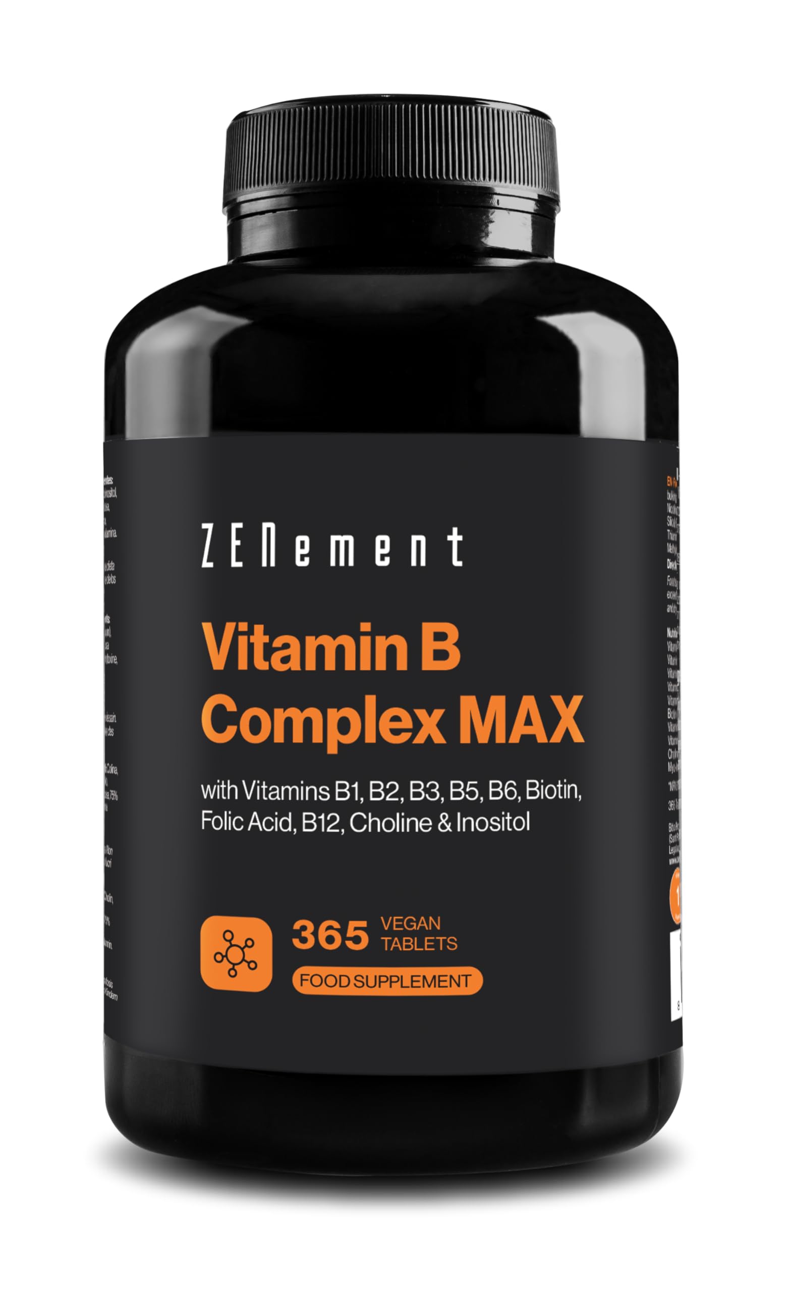 Vitamin B Complex MAX, with Vitamins B1, B2, B3, B5, B6, Biotin, Folic Acid, B12, Choline & Inositol, 365 Vegan Tablets | Helps Reduce Fatigue & Immune System | Zenement