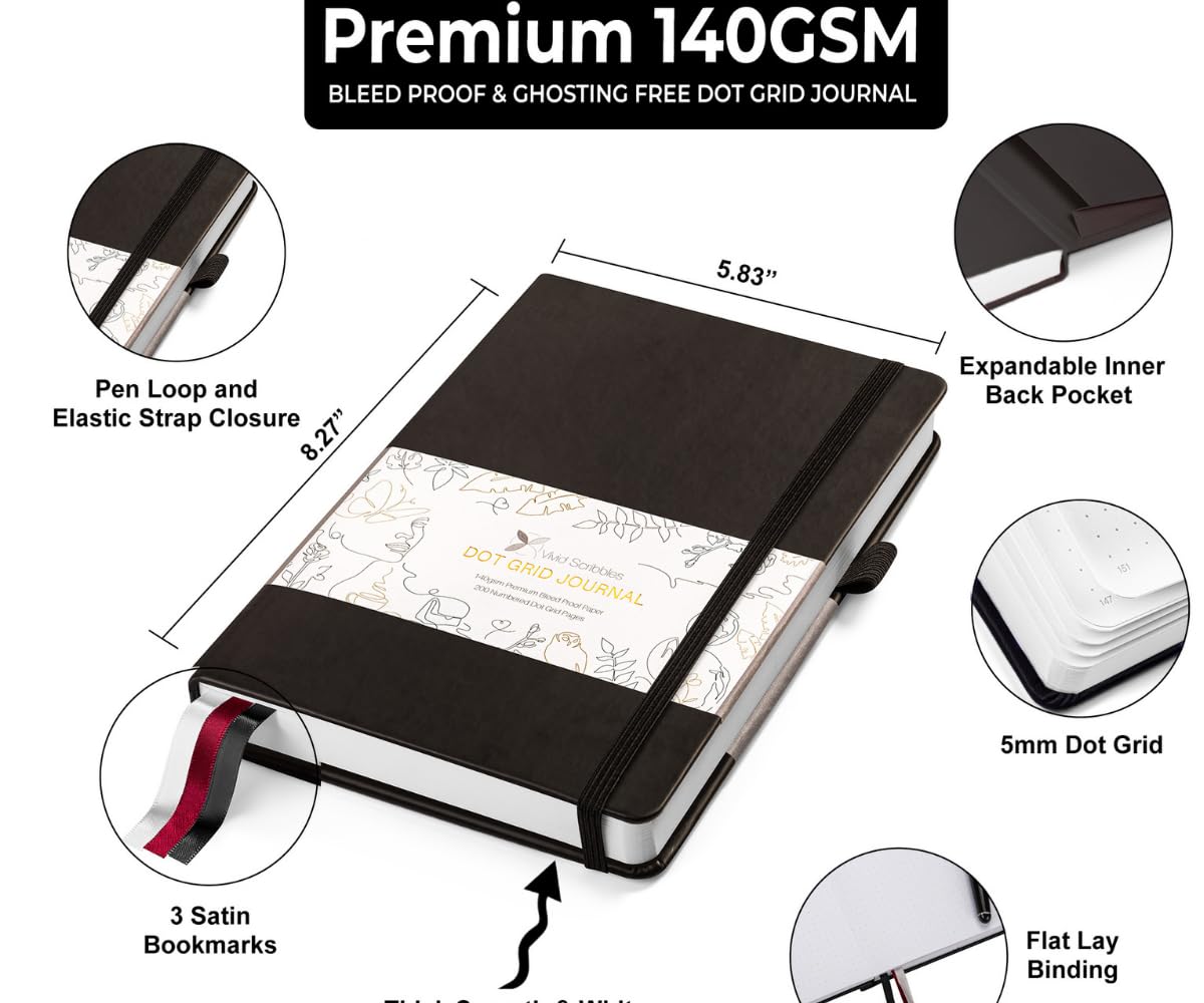 Dziennik w kropki – gruby biały papier o gramaturze 140 g/m² – 200 ponumerowanych stron w kropki – notatnik o wymiarach 14,7 x 21,1 cm Vivid Scribbles