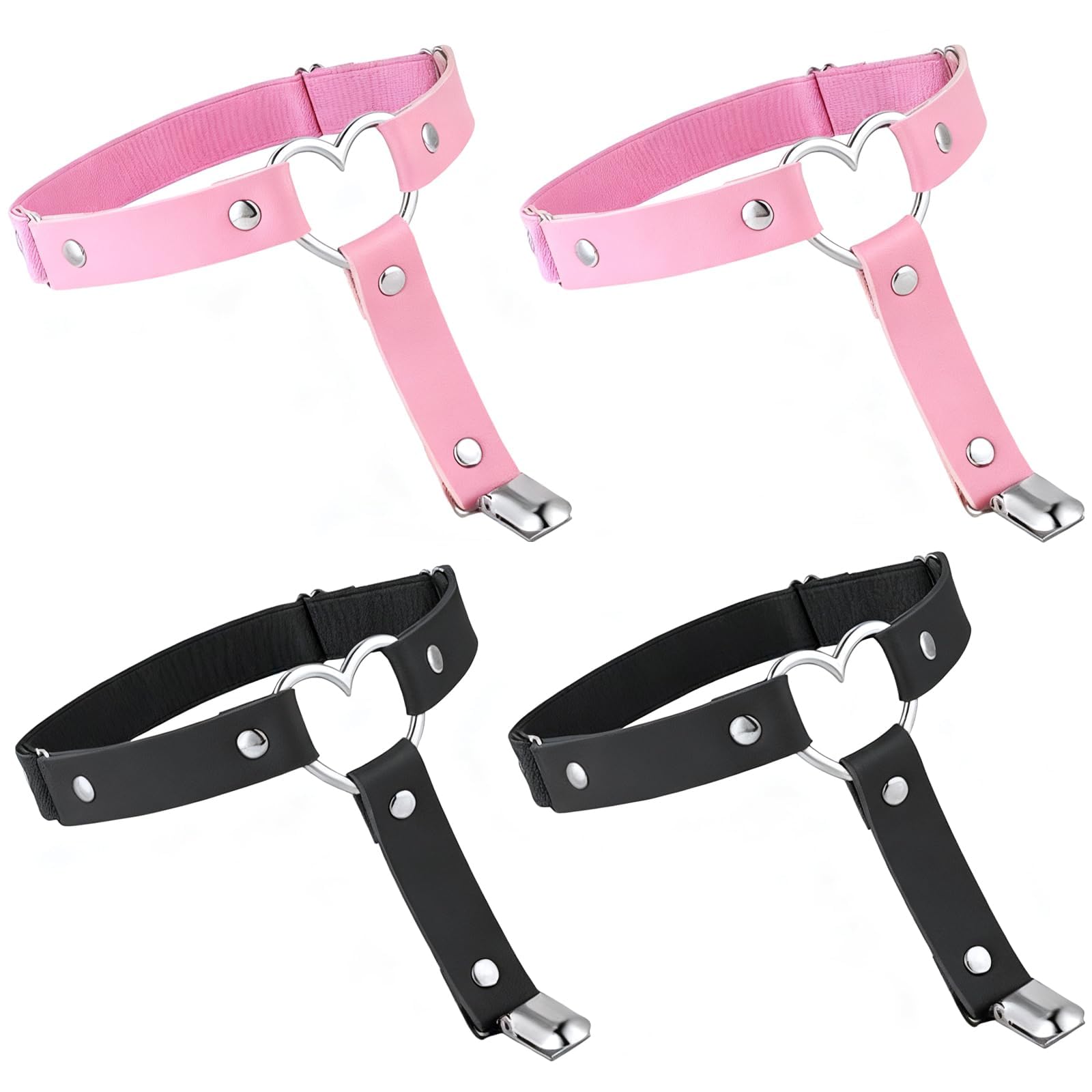 4 Pcs Garter Set, PU Leather Thigh Garter, Women's Garters & Suspenders with Heart Ring Leather Leg Strap, Punk Goth Belt for Party, Birthday, Valentine's Gift（Black，Pink）-picture-35